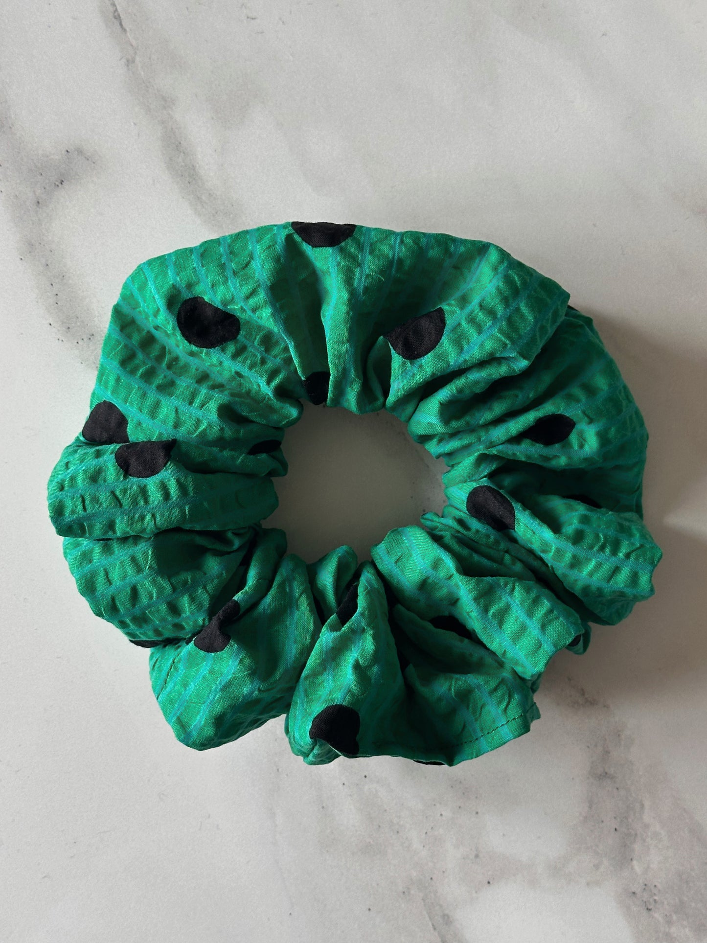 XL Green and Black Polkadot and Striped Scrunchie