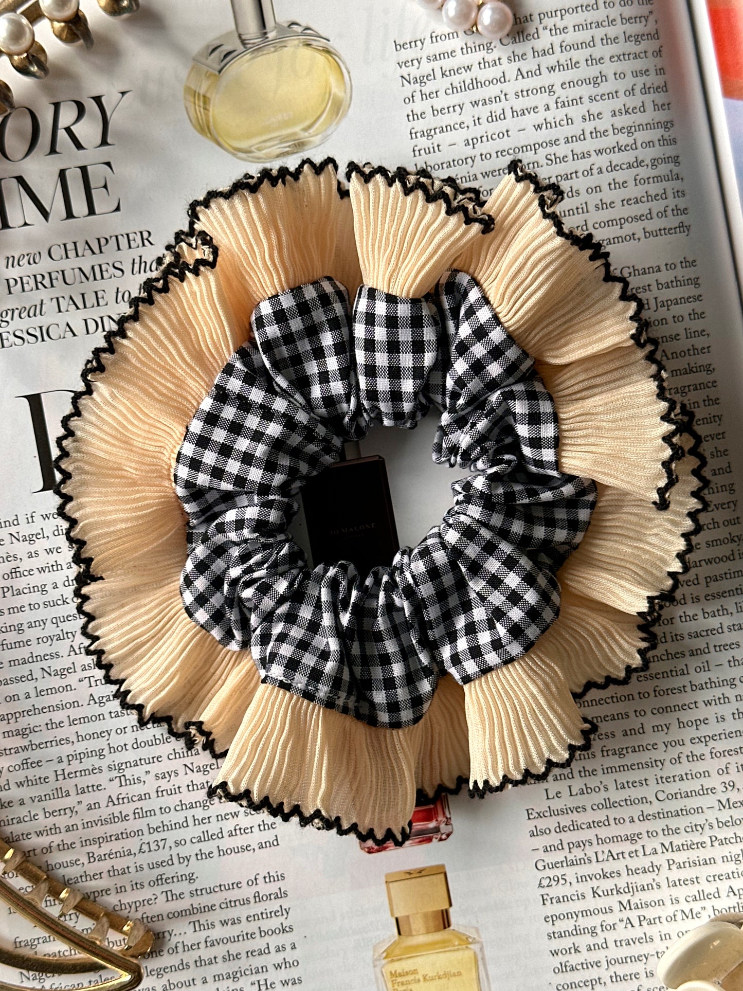 Smaller Black Gingham Scrunchie with Cream Frill Trim