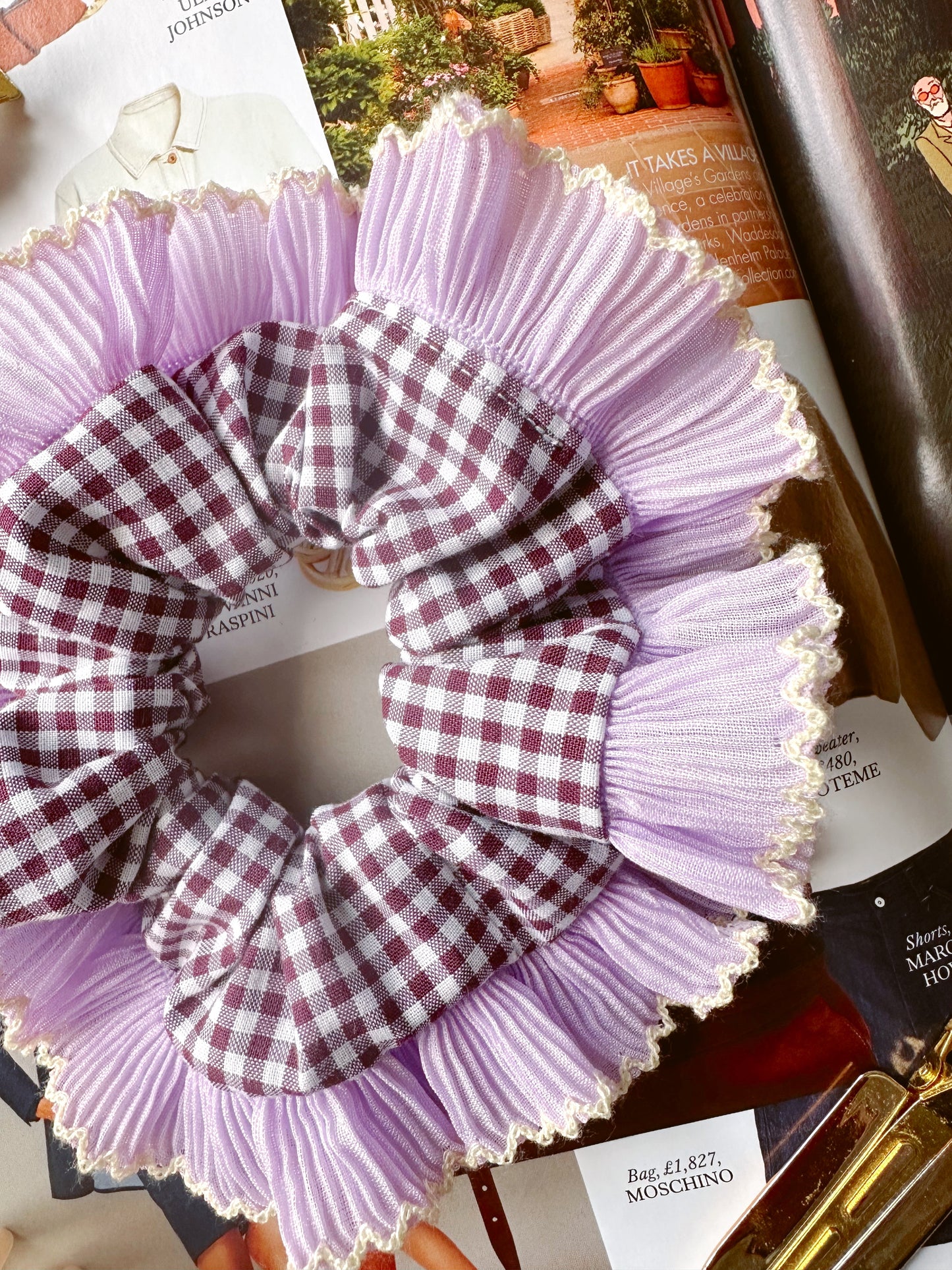 Mini Mulberry Gingham Scrunchie with Purple Frill Trim