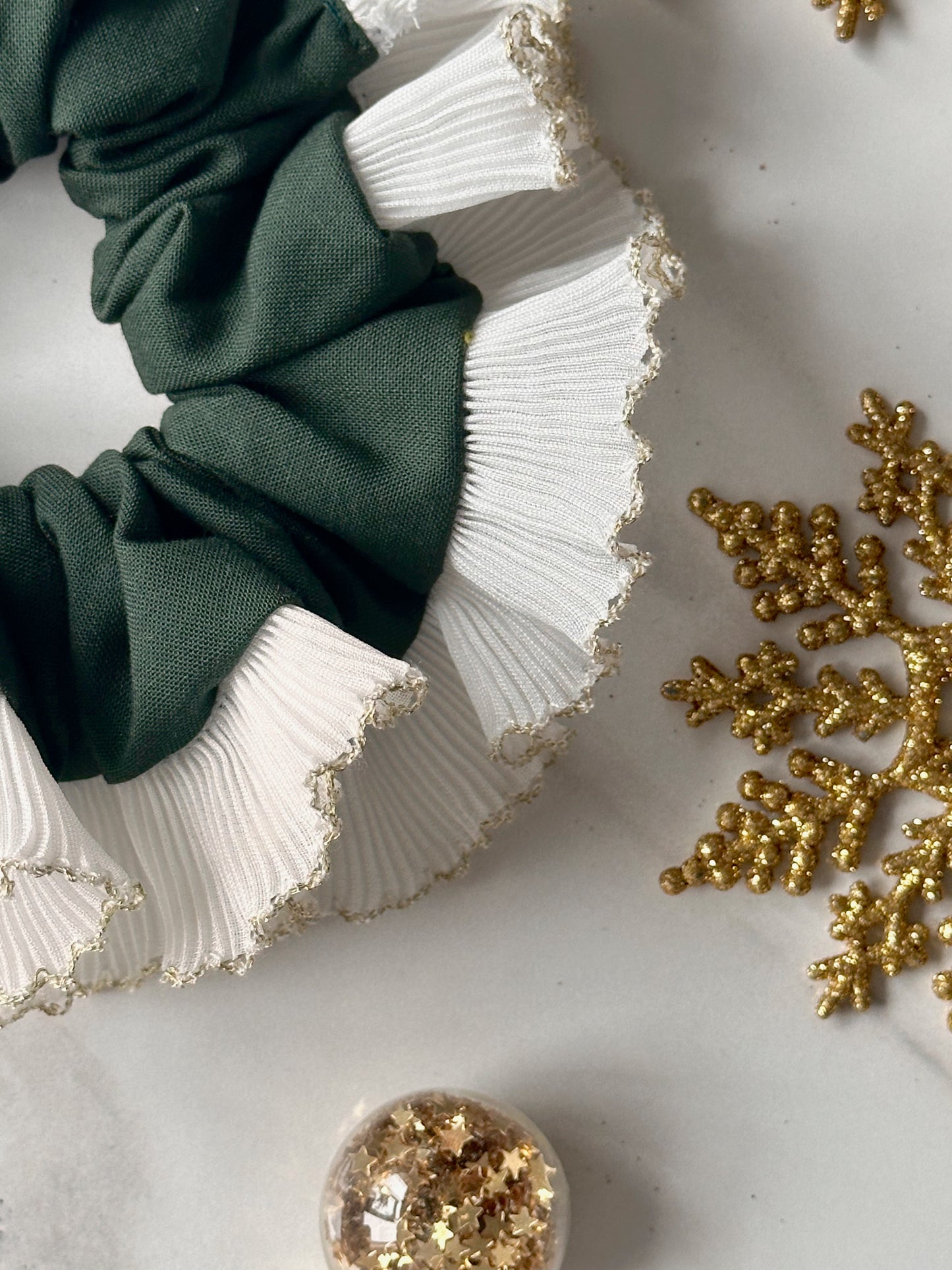 Forest Green Scrunchie with White and Gold Frill Trim