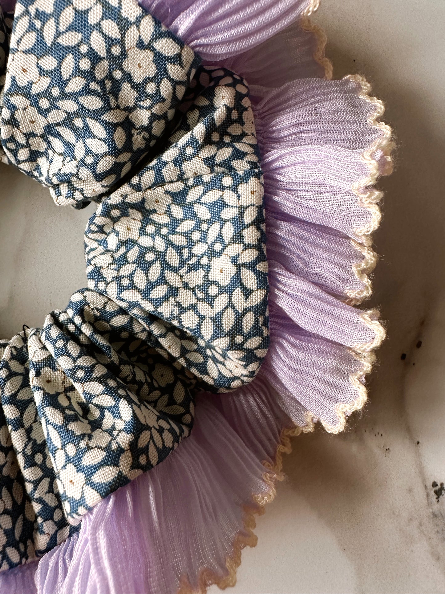 XL Blue Floral Scrunchie with Purple and White Frill Trim