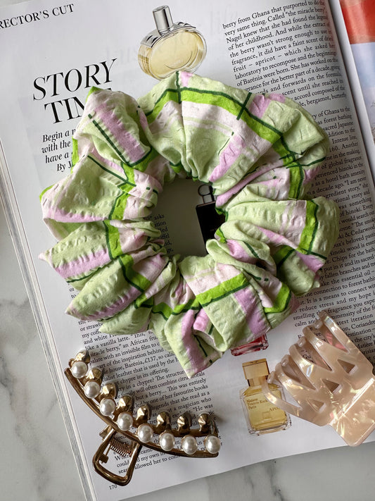 XL Light Green and Pink Check Scrunchie
