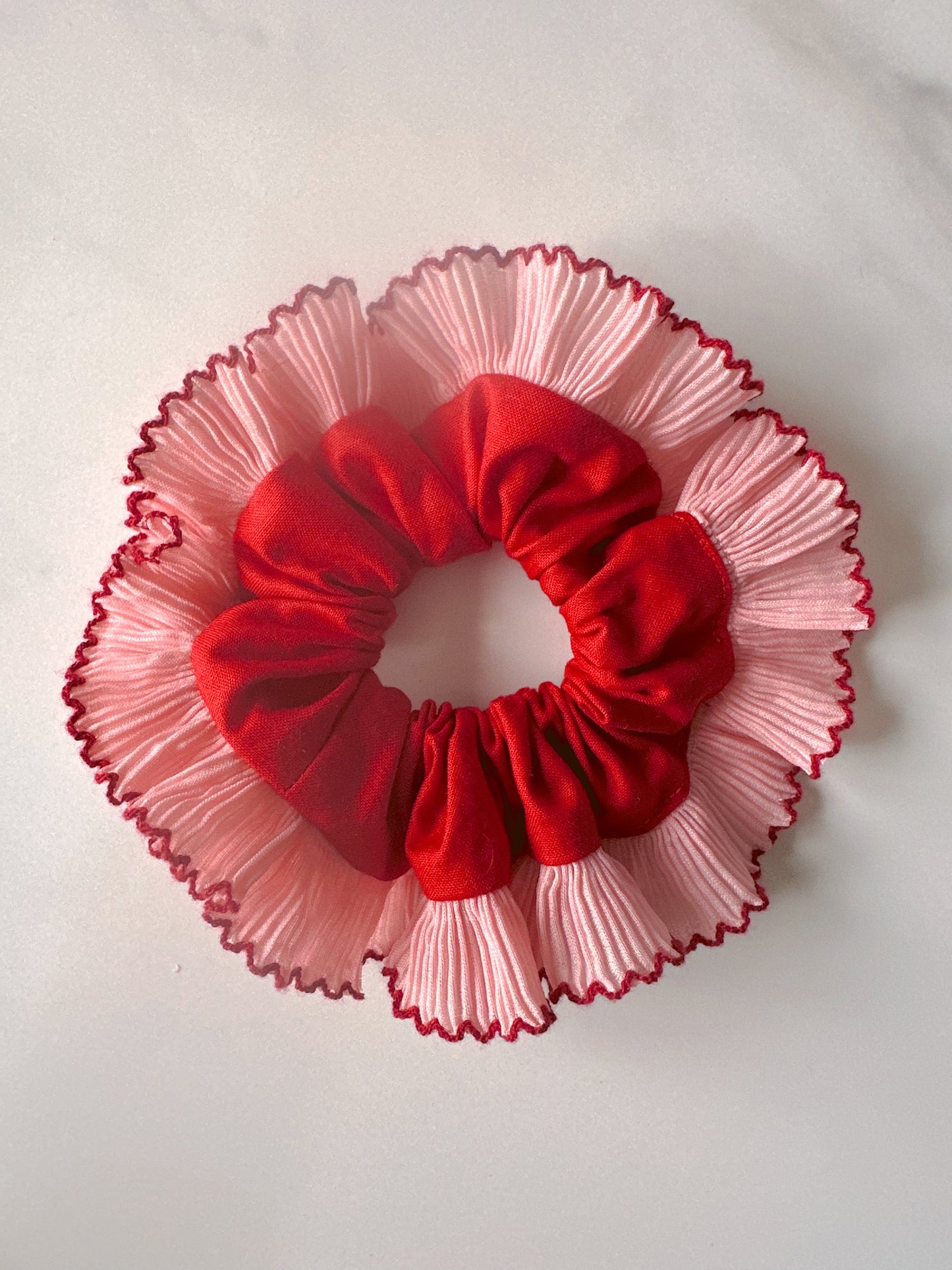 Mini Oversized Red Scrunchie with Pink and Red Frill Trim
