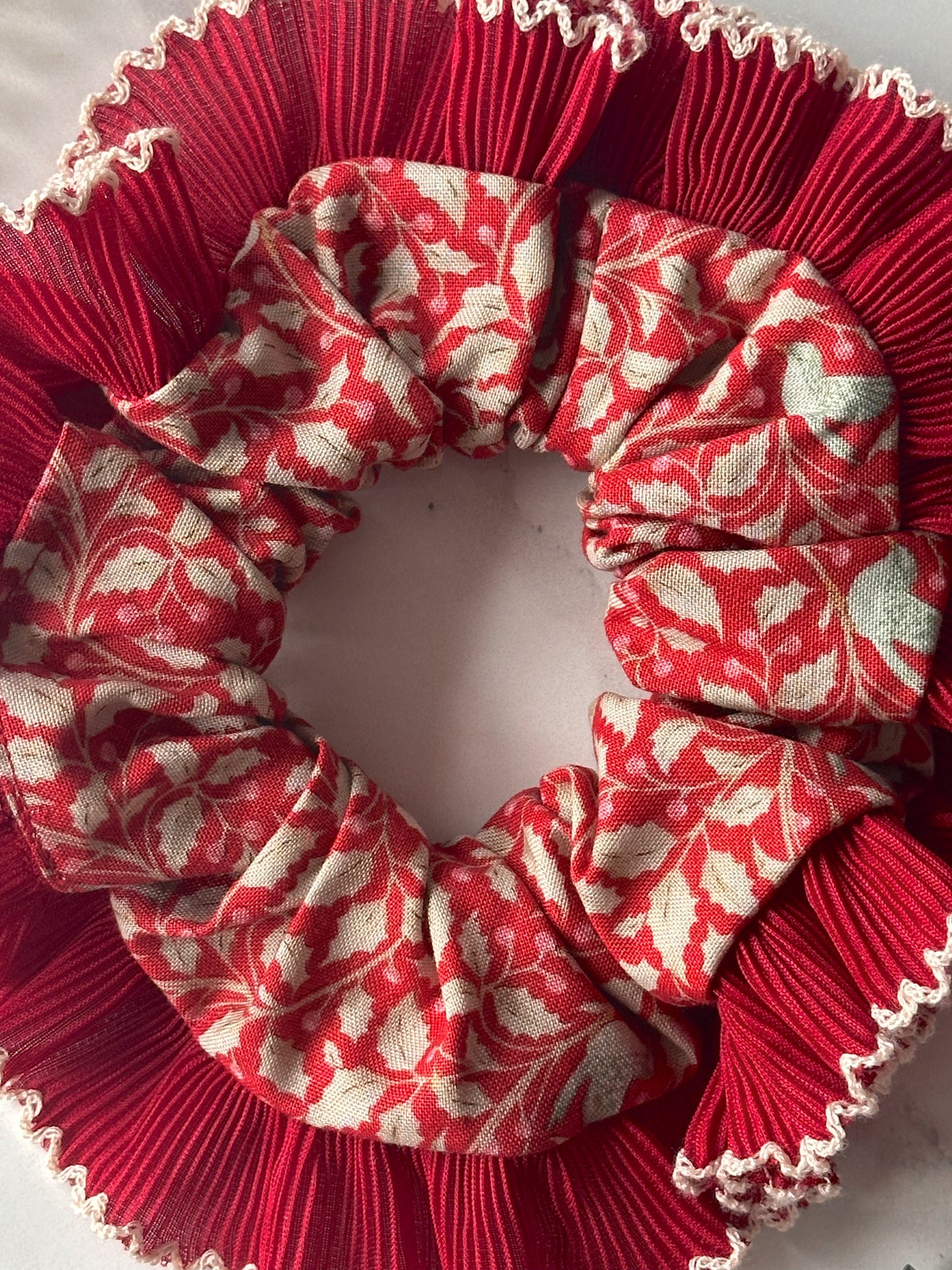 Red Christmas Print Scrunchie with Red and White Frill Trim