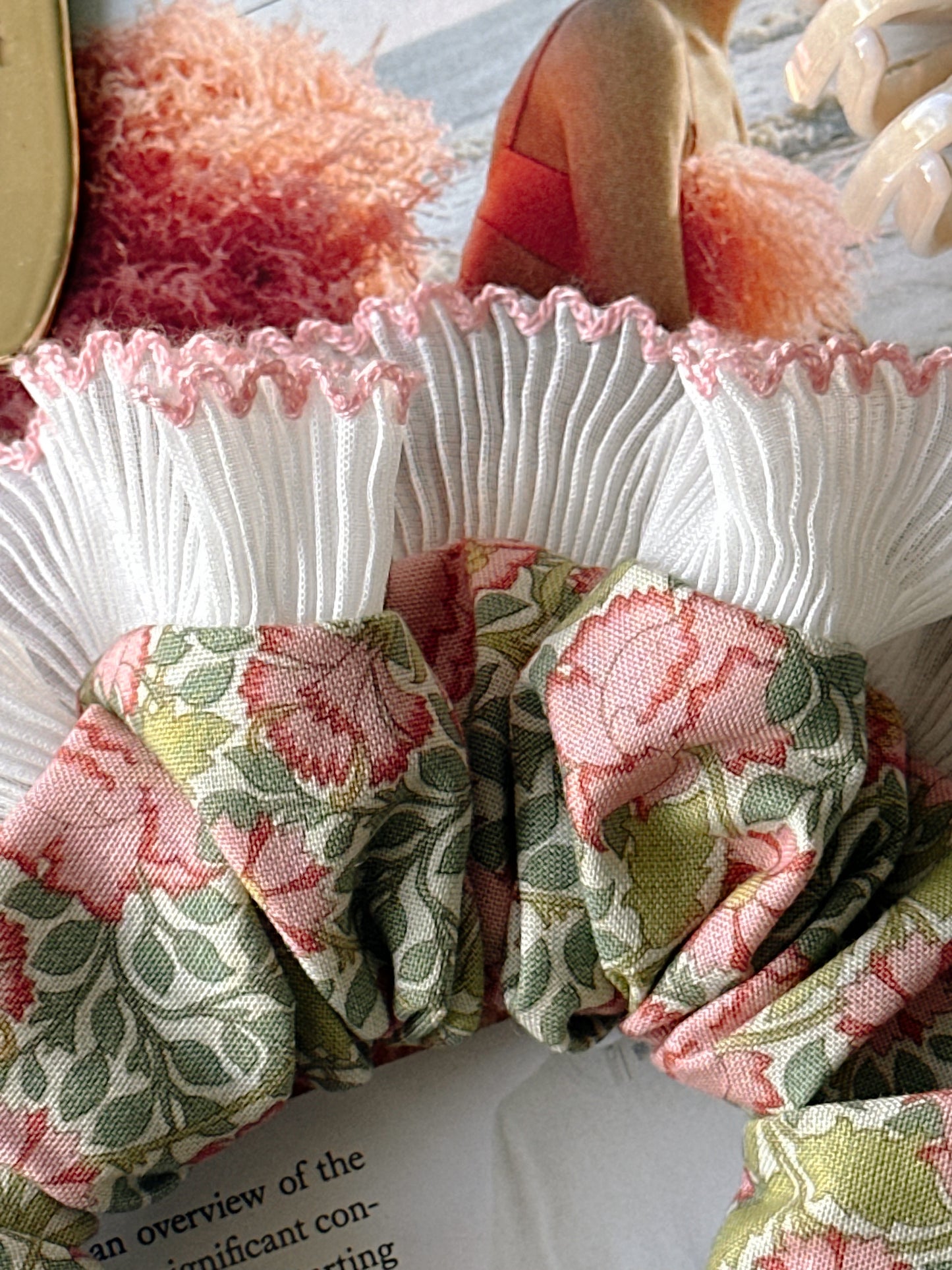 XL Victorian Floral Scrunchie with White and Pink Frill Trim