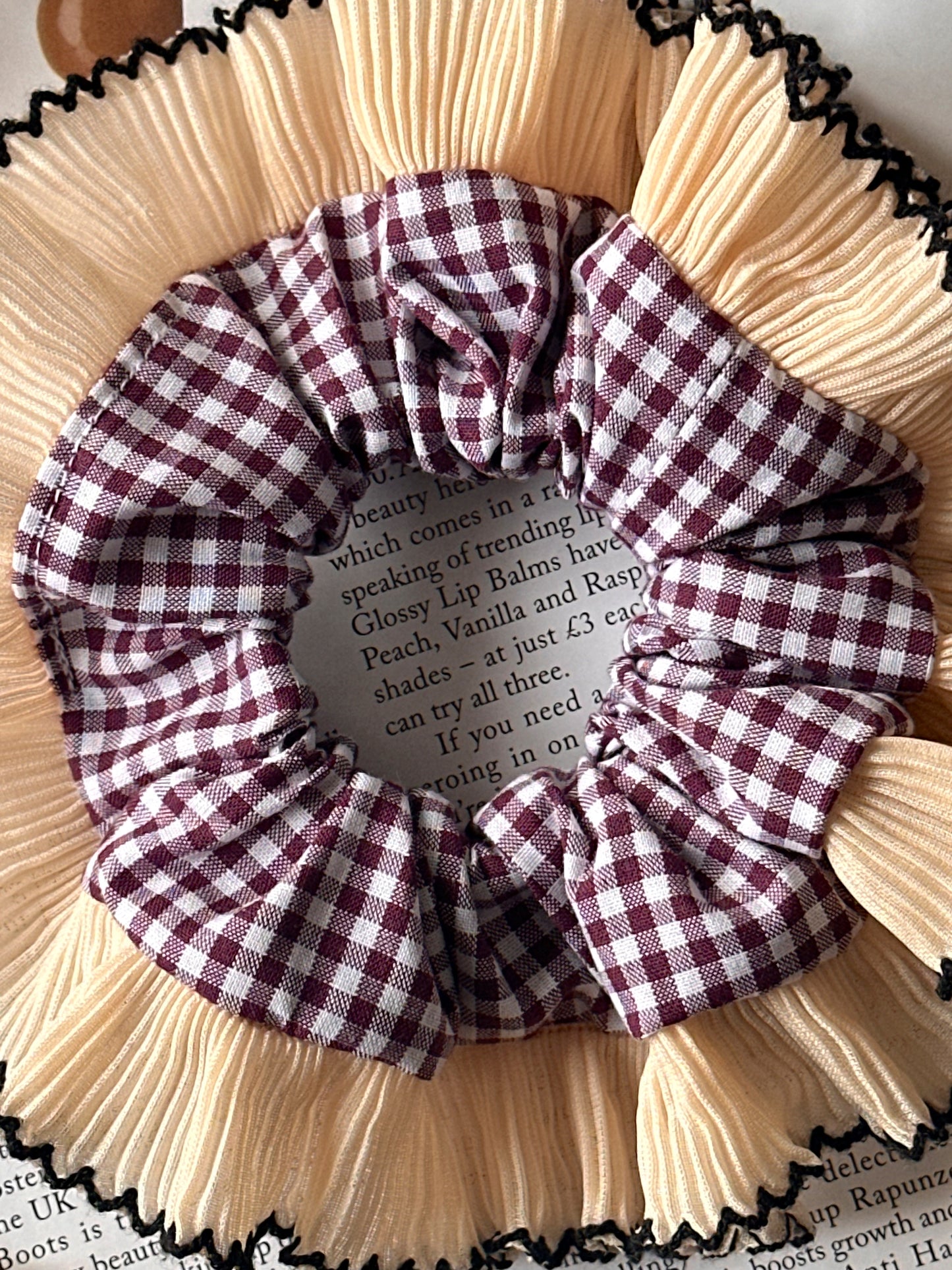 Mini Mulberry Gingham Scrunchie with Cream Frill Trim