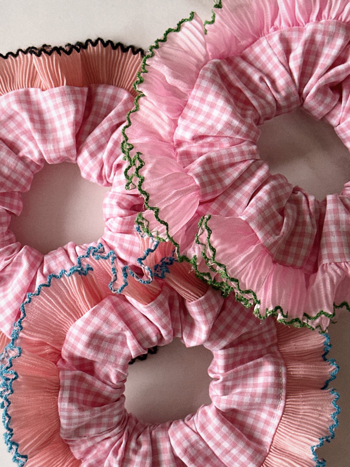XL Pink Gingham Scrunchie with Pink and Green Frill Trim