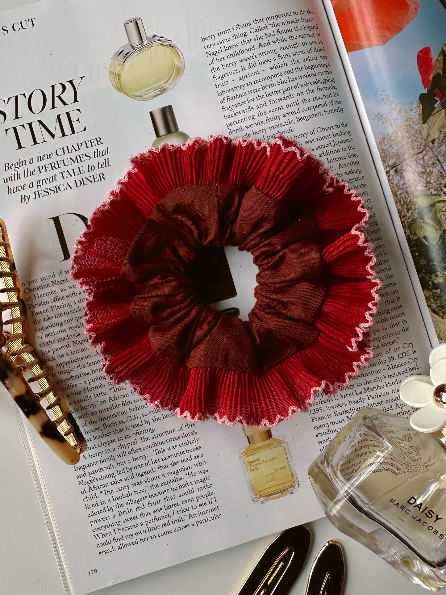 Smaller Oversized Brown Scrunchie with Red Frill Trim