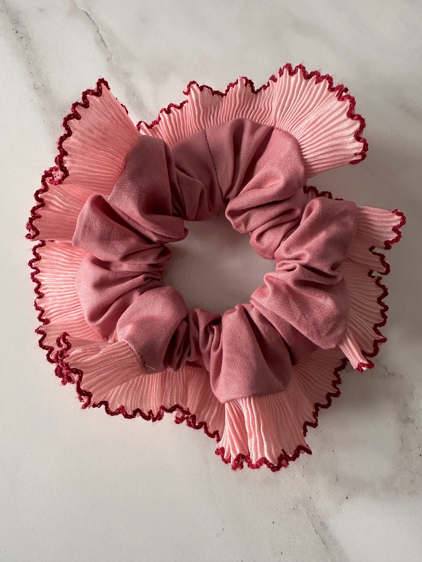XL Dusk Pink Scrunchie with Pink and Red Frill Trim