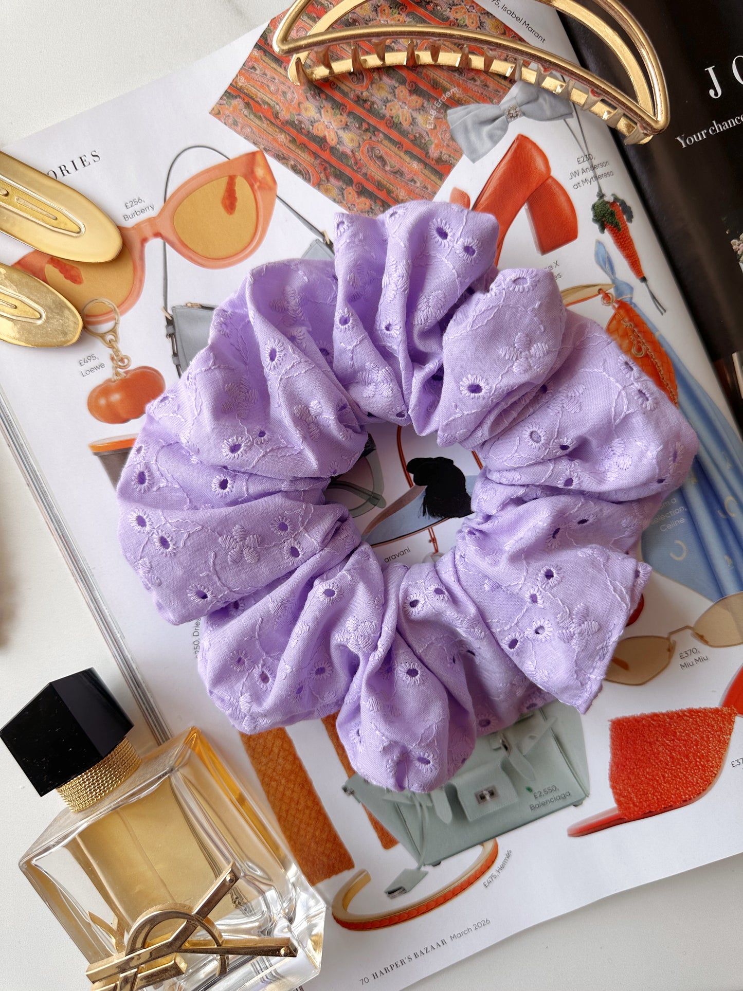 Lilac Broderie Anglaise Embroidered Scrunchie