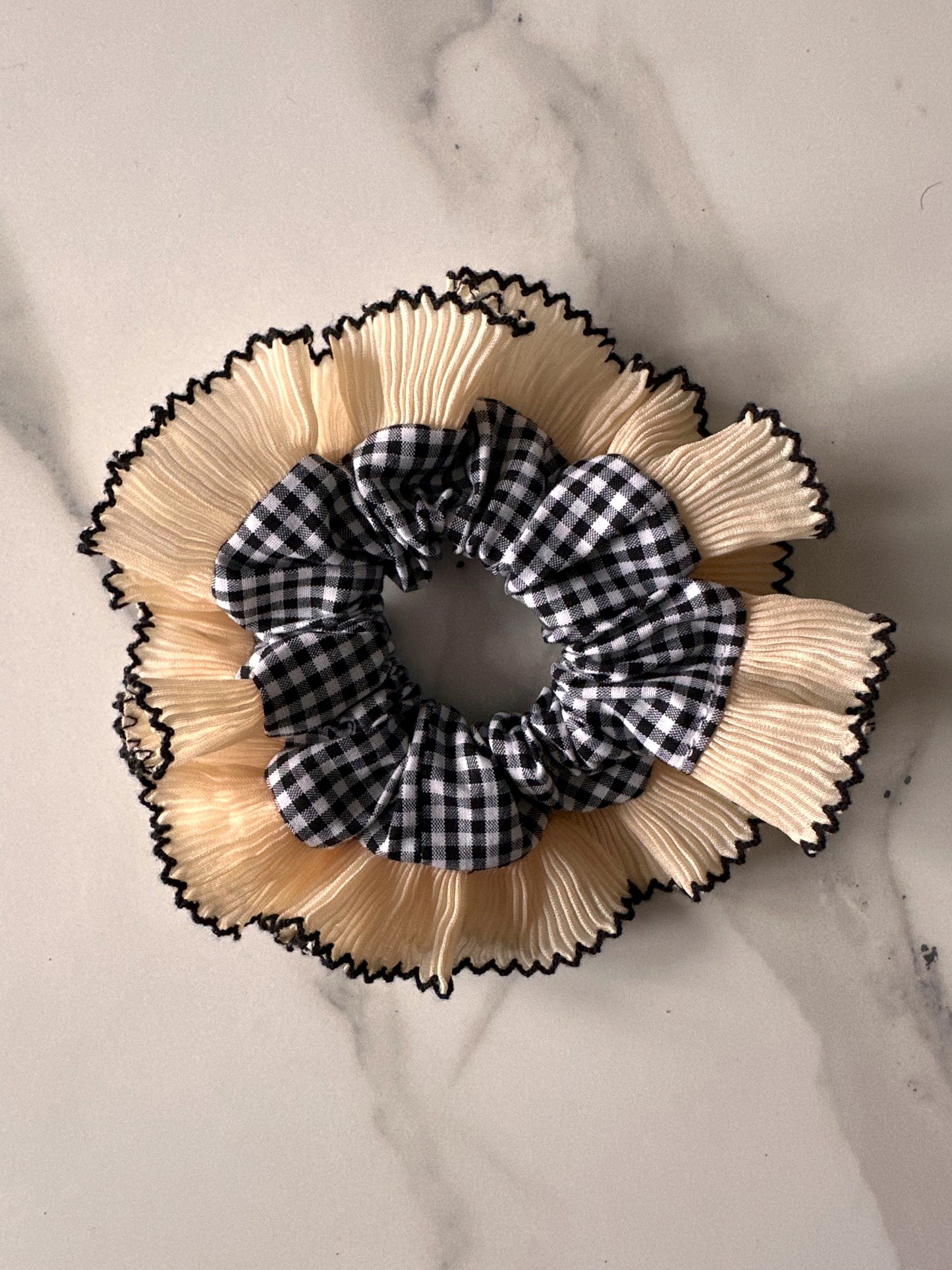 Smaller Black Gingham Scrunchie with Cream Frill Trim