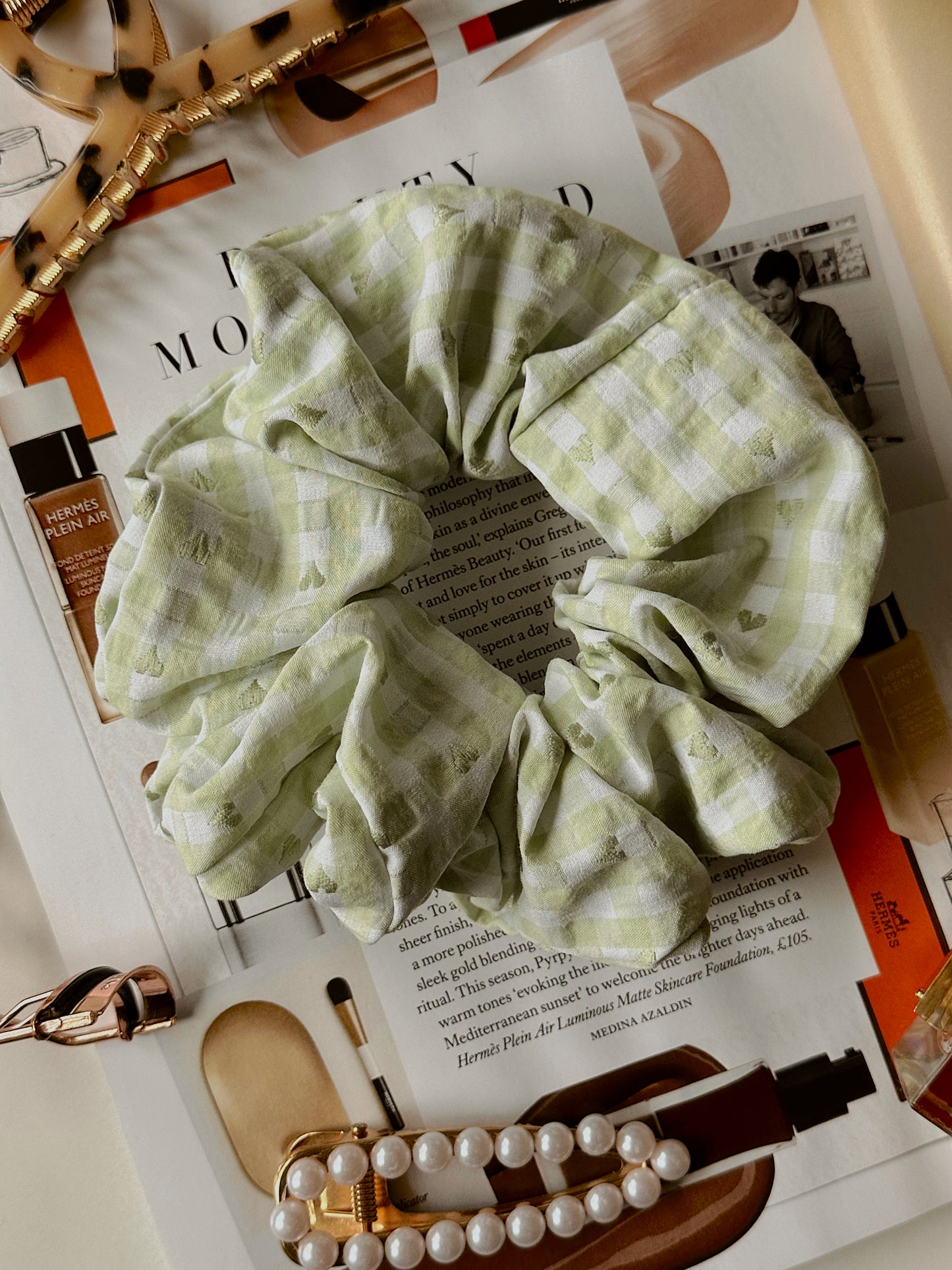 Valentines Pale Green Gingham and Heart Print Scrunchie