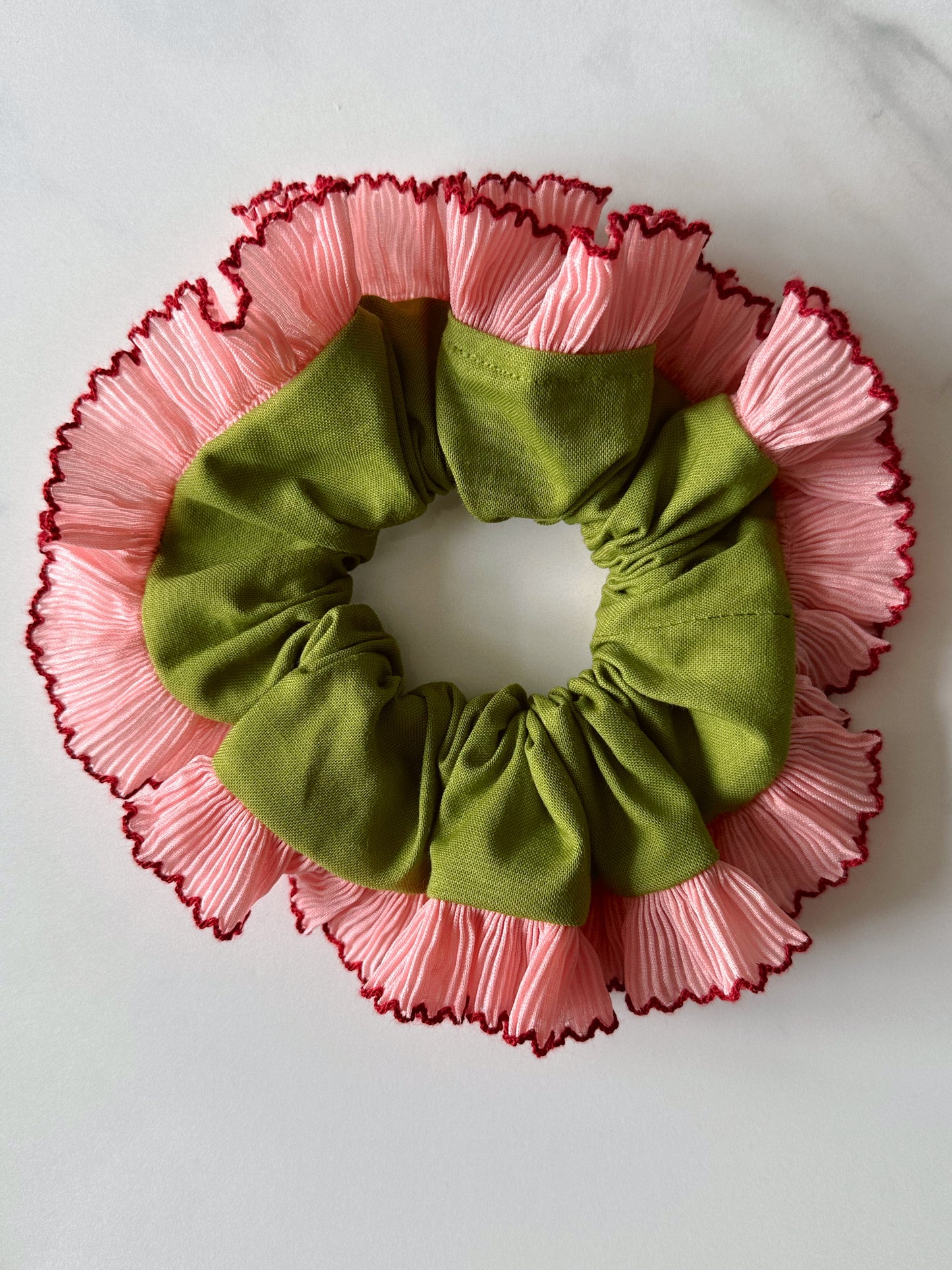 Handmade XL Olive Green Scrunchie with Pink Frill Trim