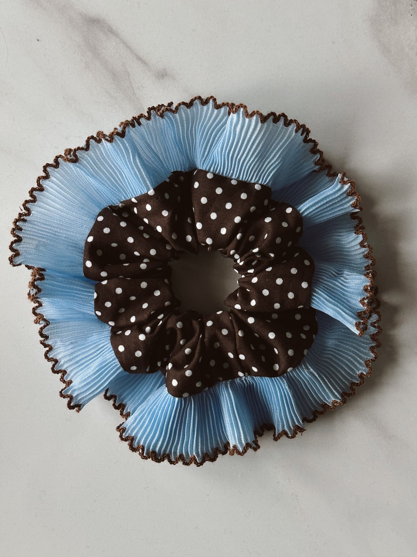 Oversized Dark Brown Polkadot Scrunchie with Baby Blue Frill Trim