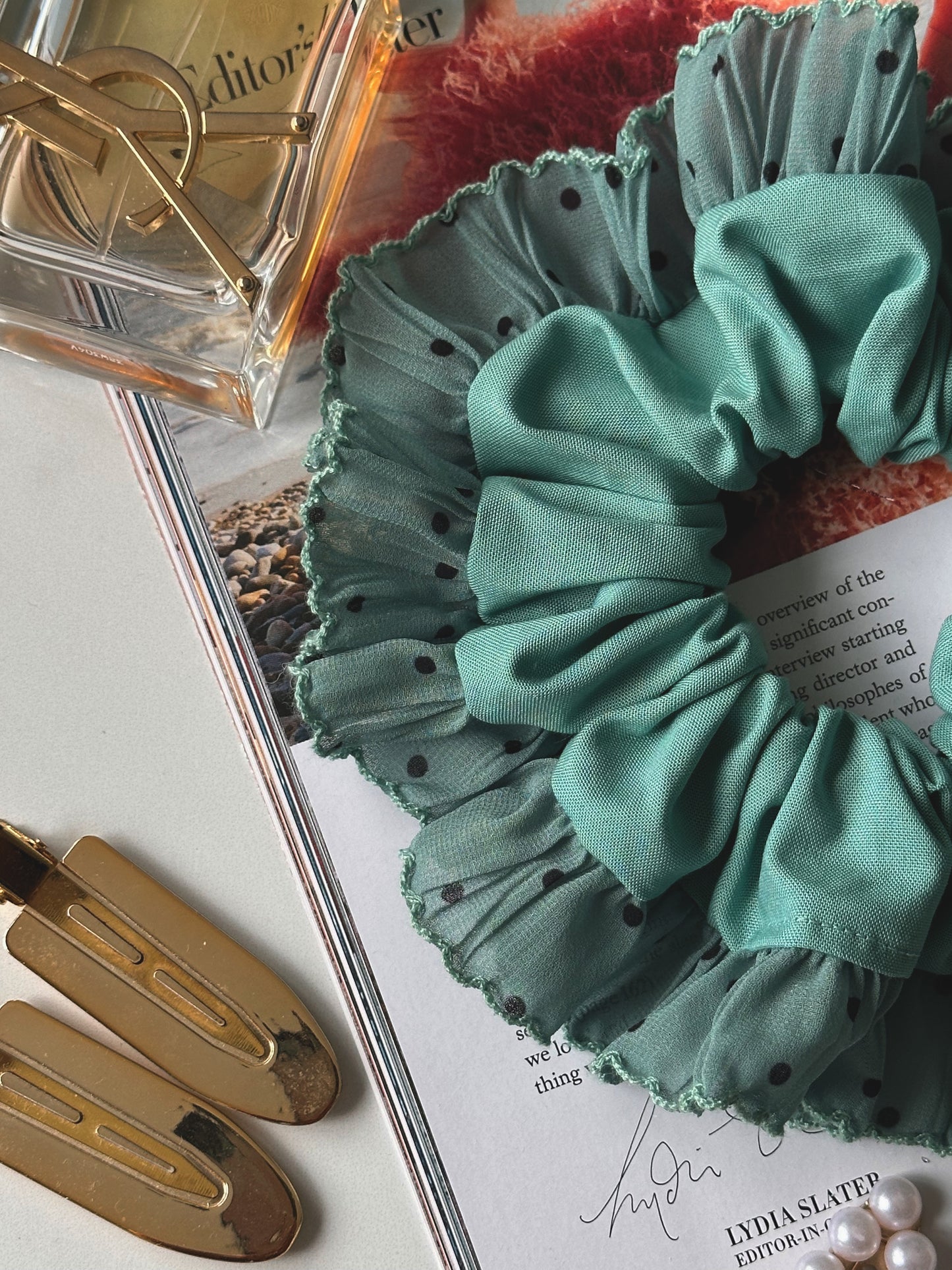 Oversized Teal Scrunchie with Teal Polkadot Trim