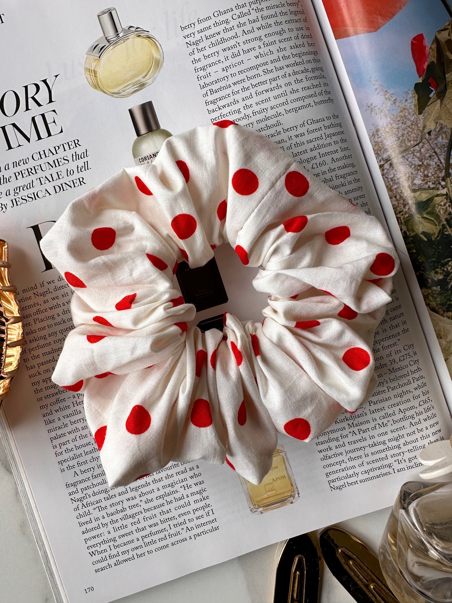 White and Red Polkadot Scrunchie