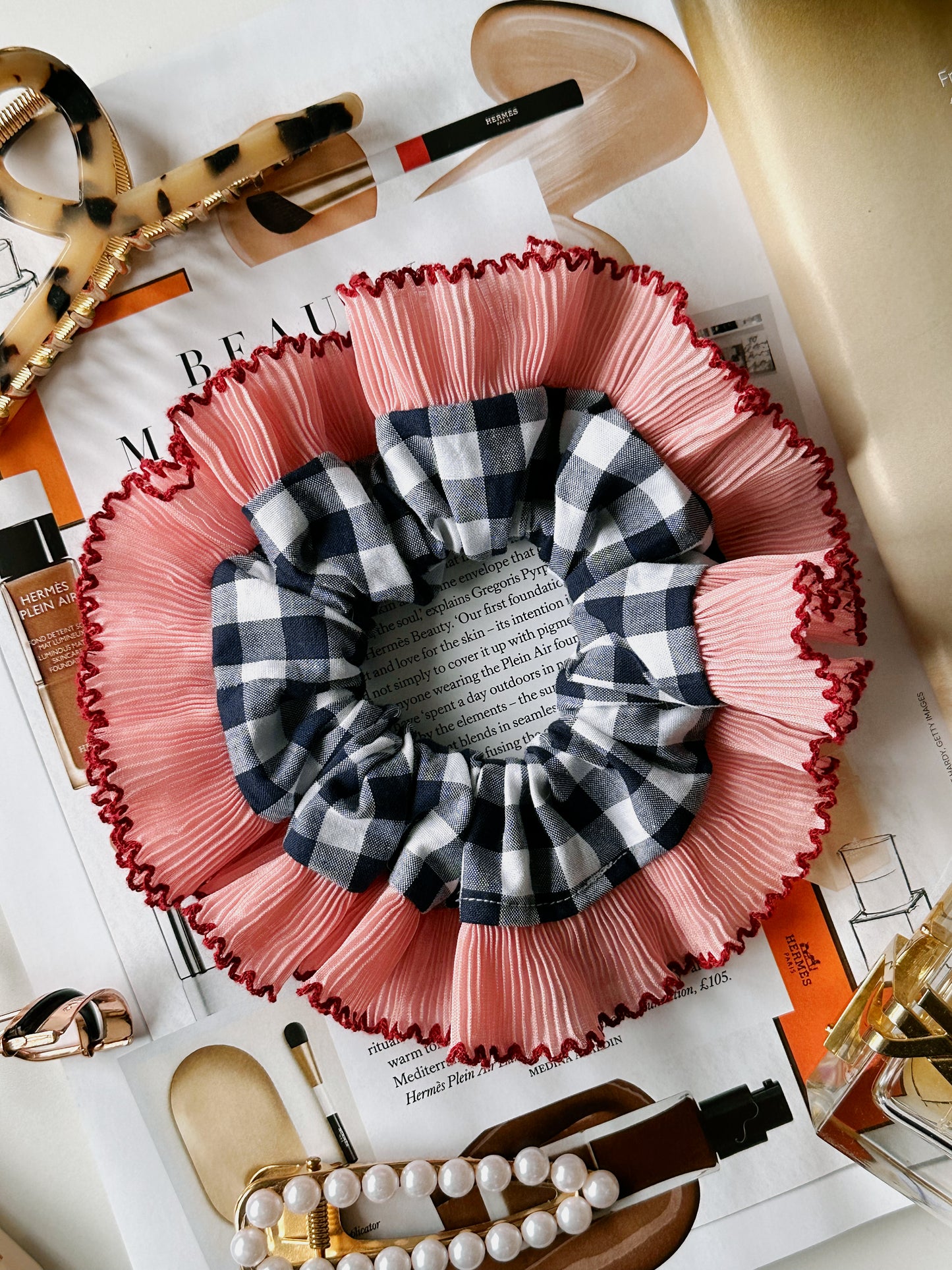Handmade XL Navy Blue Gingham Scrunchie with Pink Frill Trim