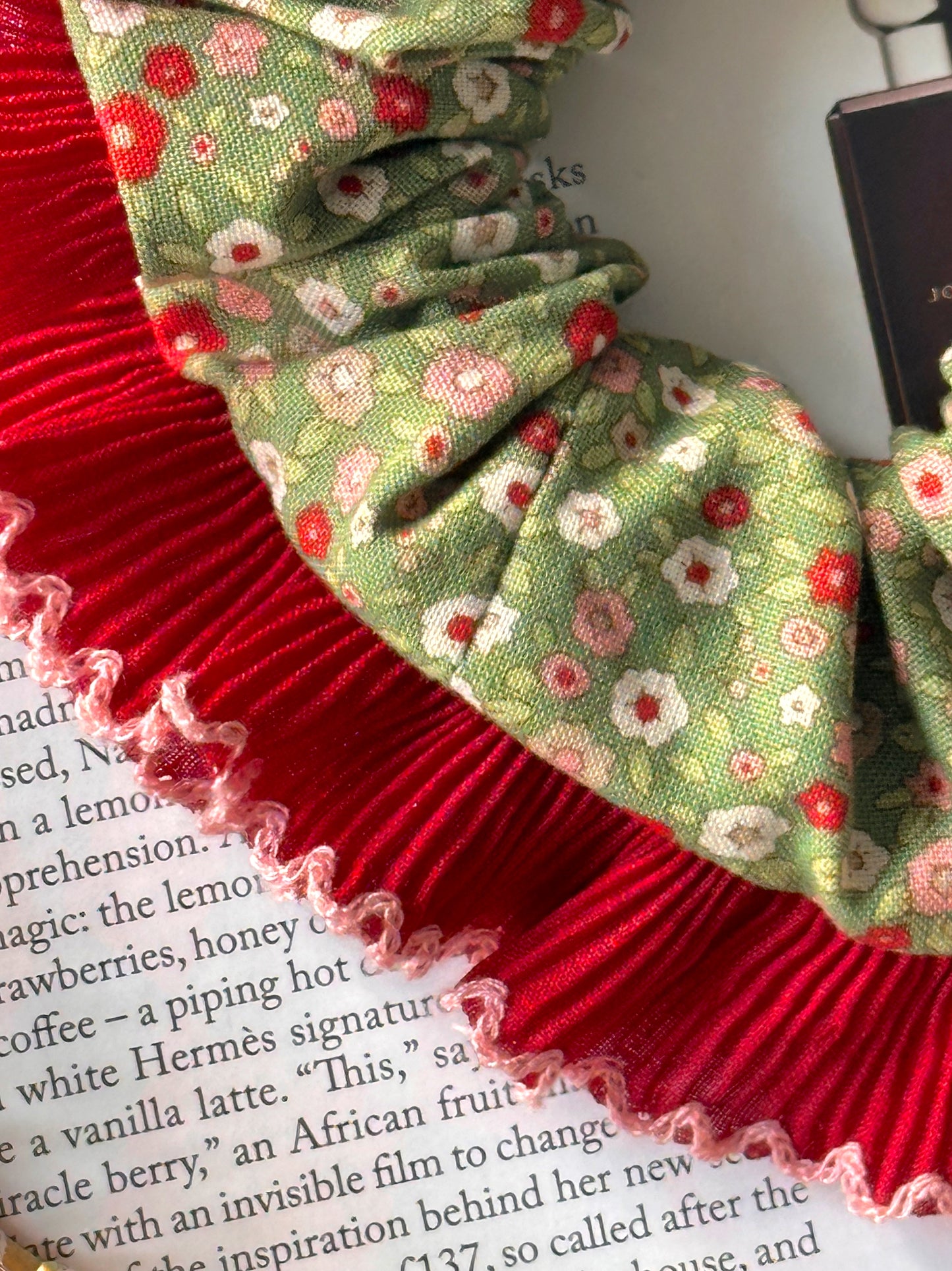 Handmade XL Dark Green Ditsy Floral Scrunchie with Red Frill Trim