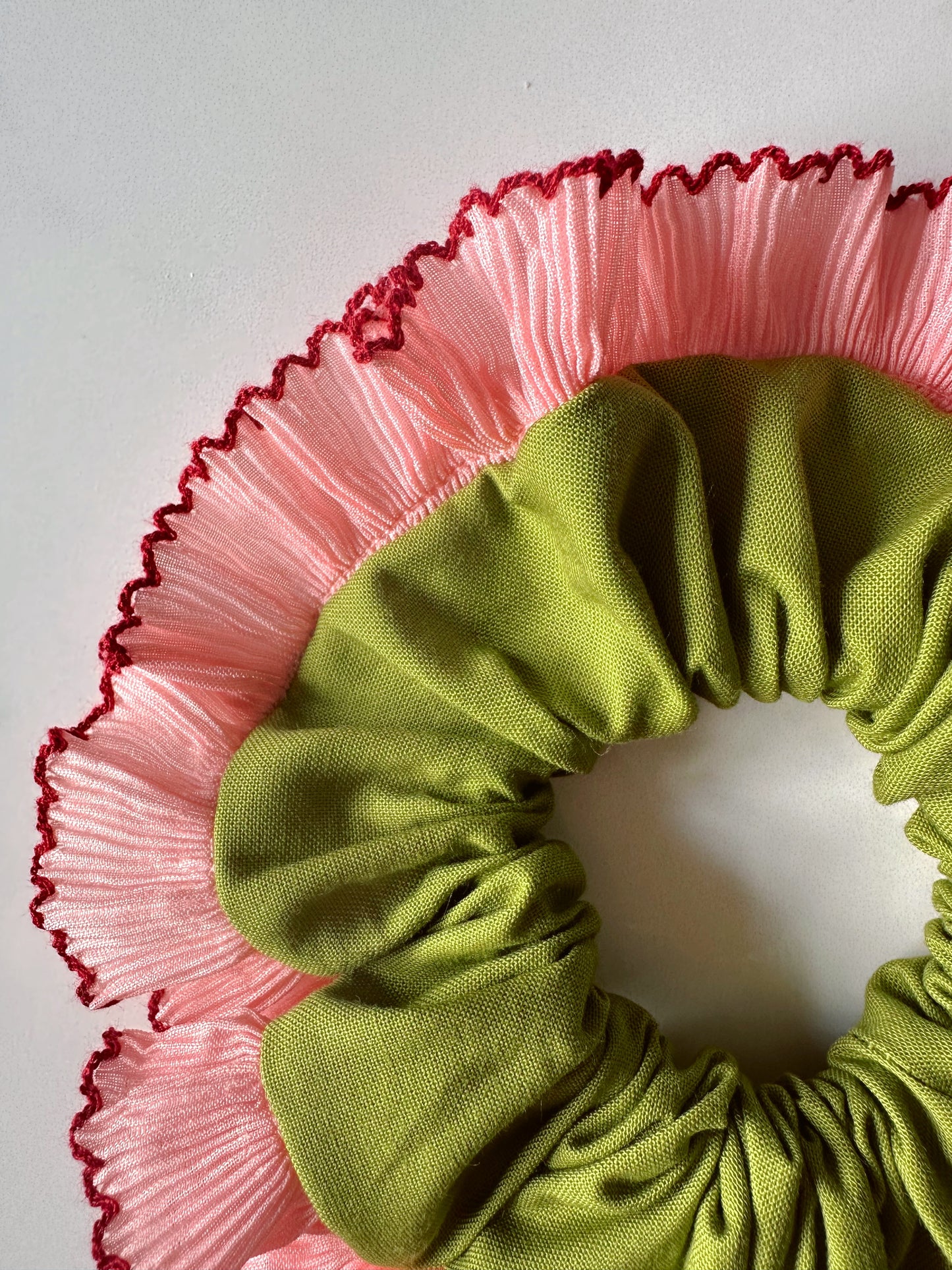 Handmade XL Olive Green Scrunchie with Pink Frill Trim
