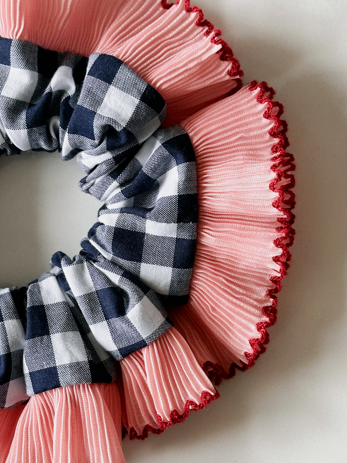 Handmade XL Navy Blue Gingham Scrunchie with Pink Frill Trim