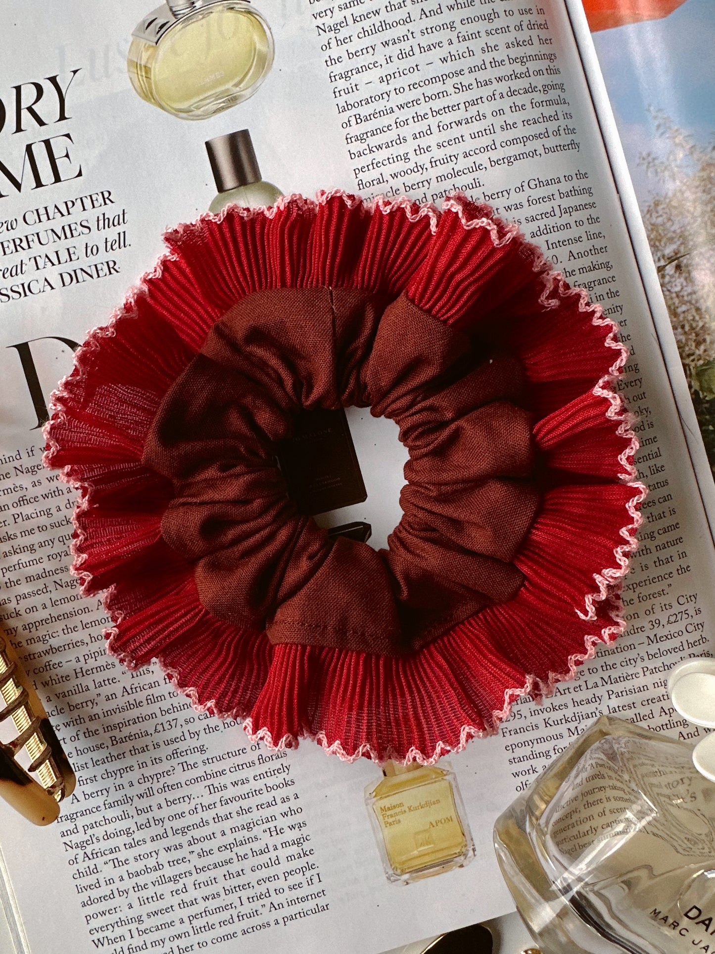 Smaller Oversized Brown Scrunchie with Red Frill Trim