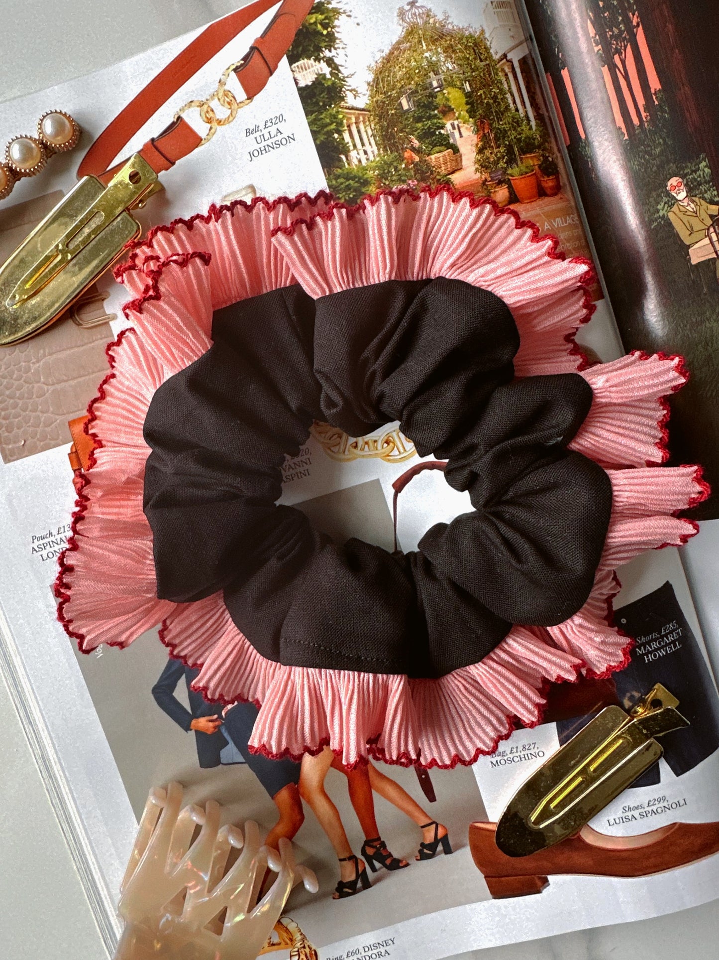 Handmade XL Black Cotton Scrunchie with Pink Frill Trim
