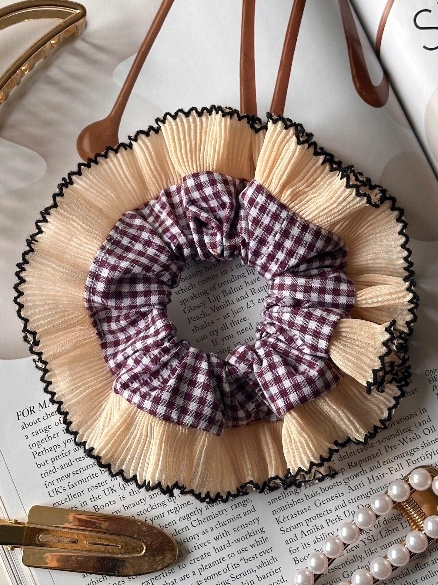 Mini Mulberry Gingham Scrunchie with Cream Frill Trim