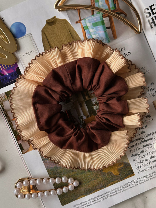 XL Brown Scrunchie with Cream and Brown Frill Trim