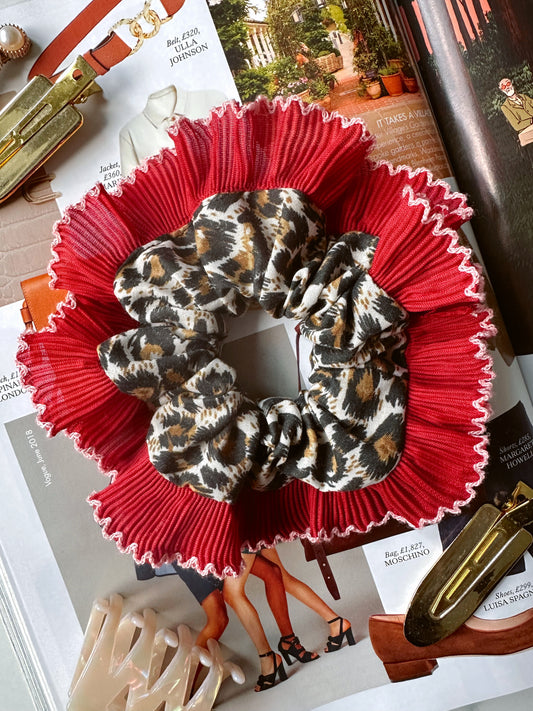 Mini Oversized Leopard Print Scrunchie with a Red Frill Trim