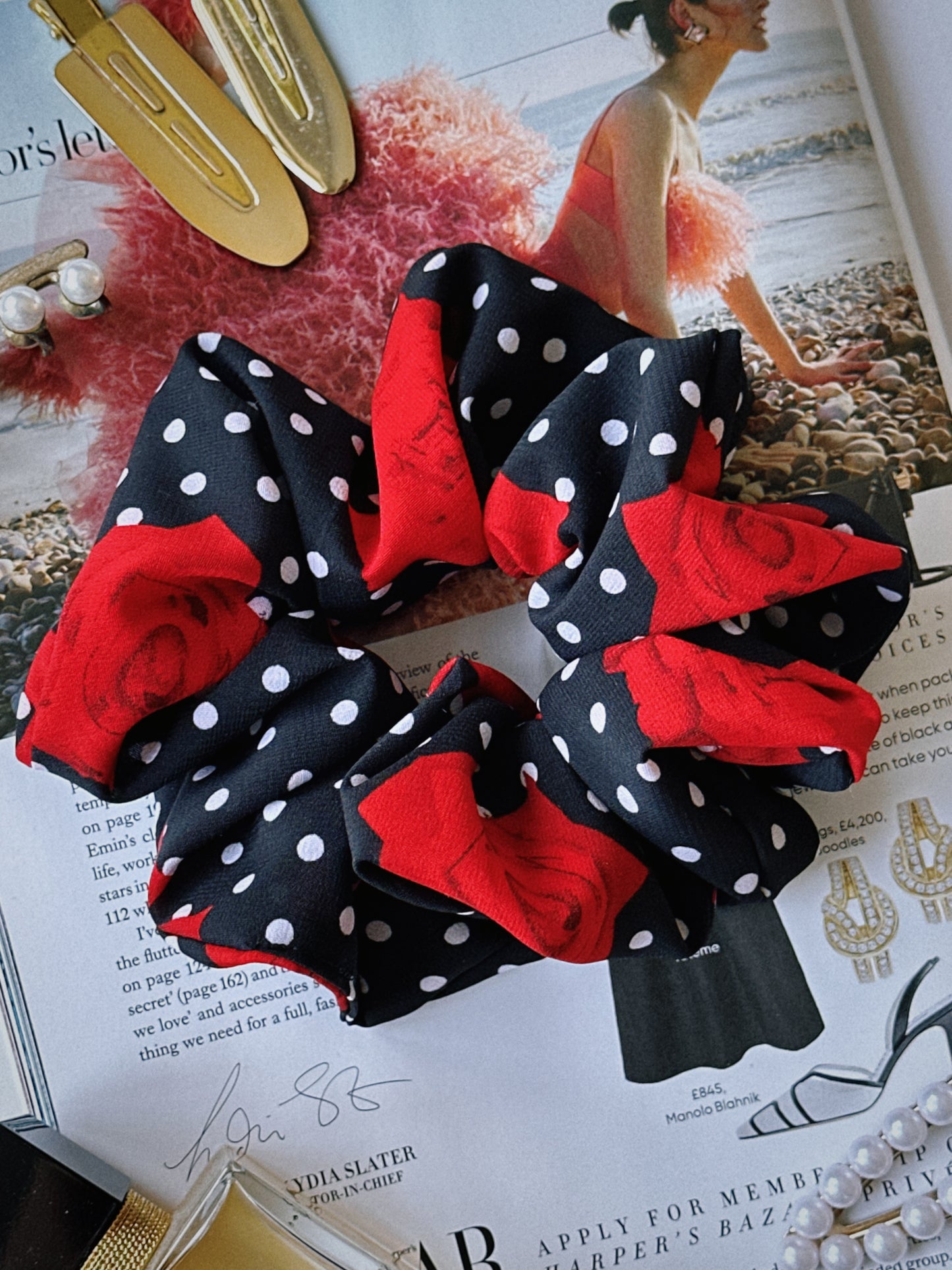 Polkadot and Rose Chiffon Scrunchie