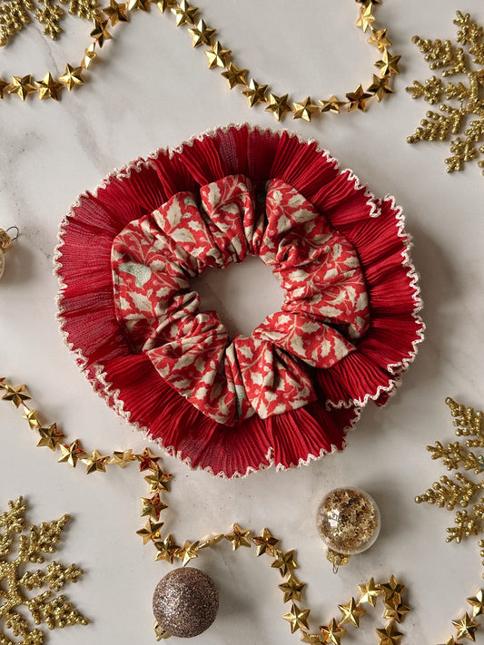 Red Christmas Print Scrunchie with Red and White Frill Trim