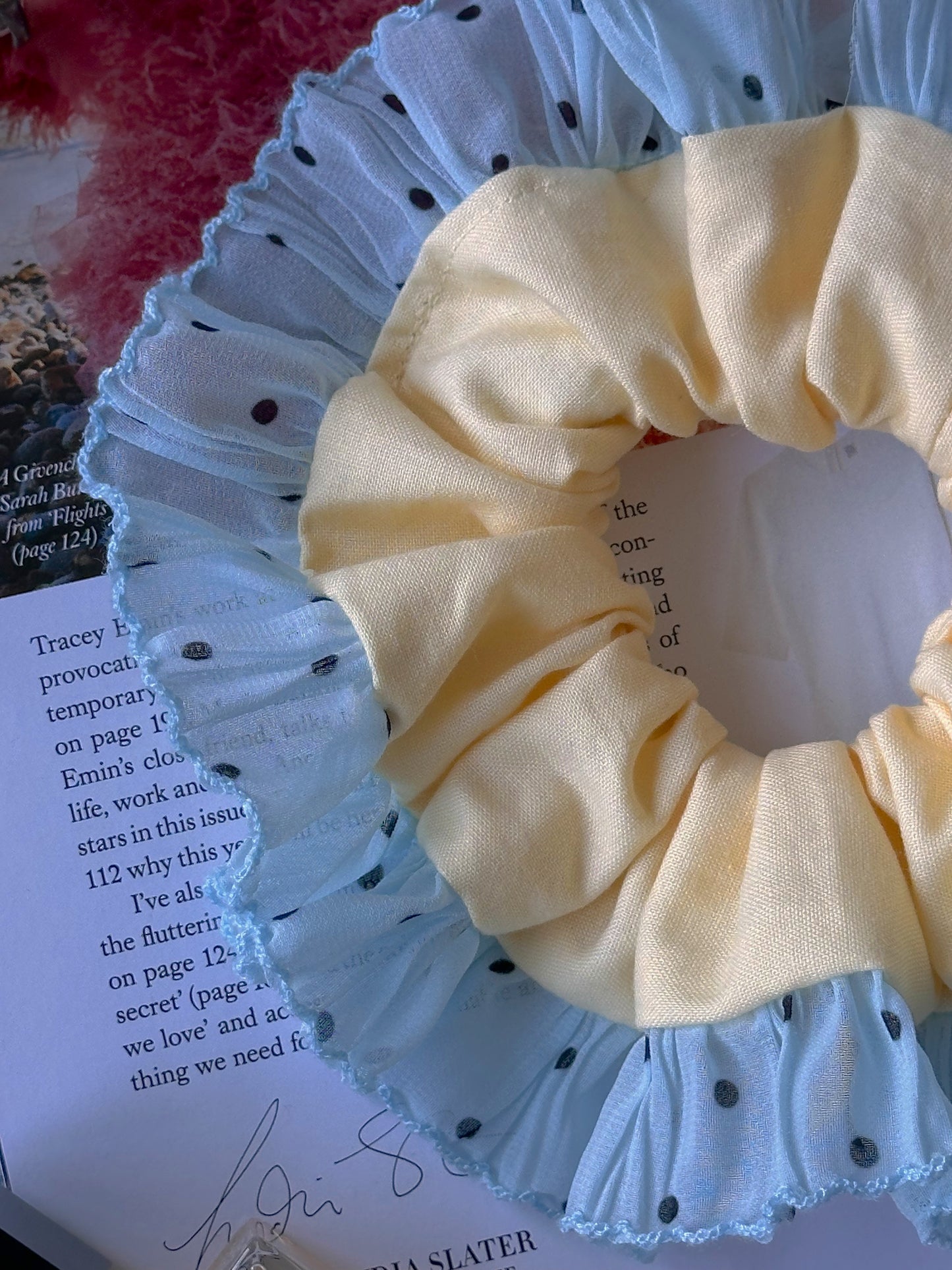 Oversized Butter Yellow  Scrunchie with Blue Polkadot Trim