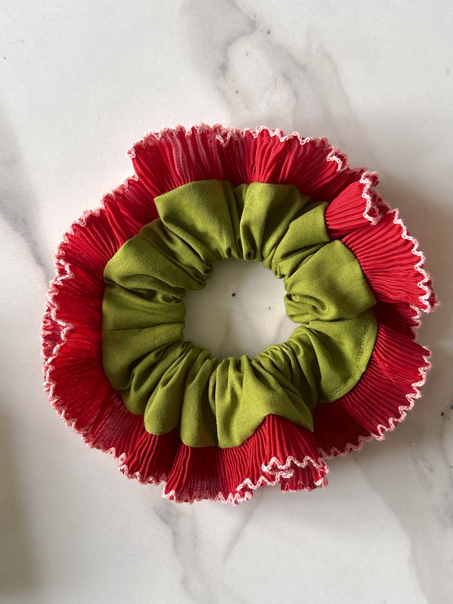 Handmade XL Olive Green Scrunchie with Red Frill Trim