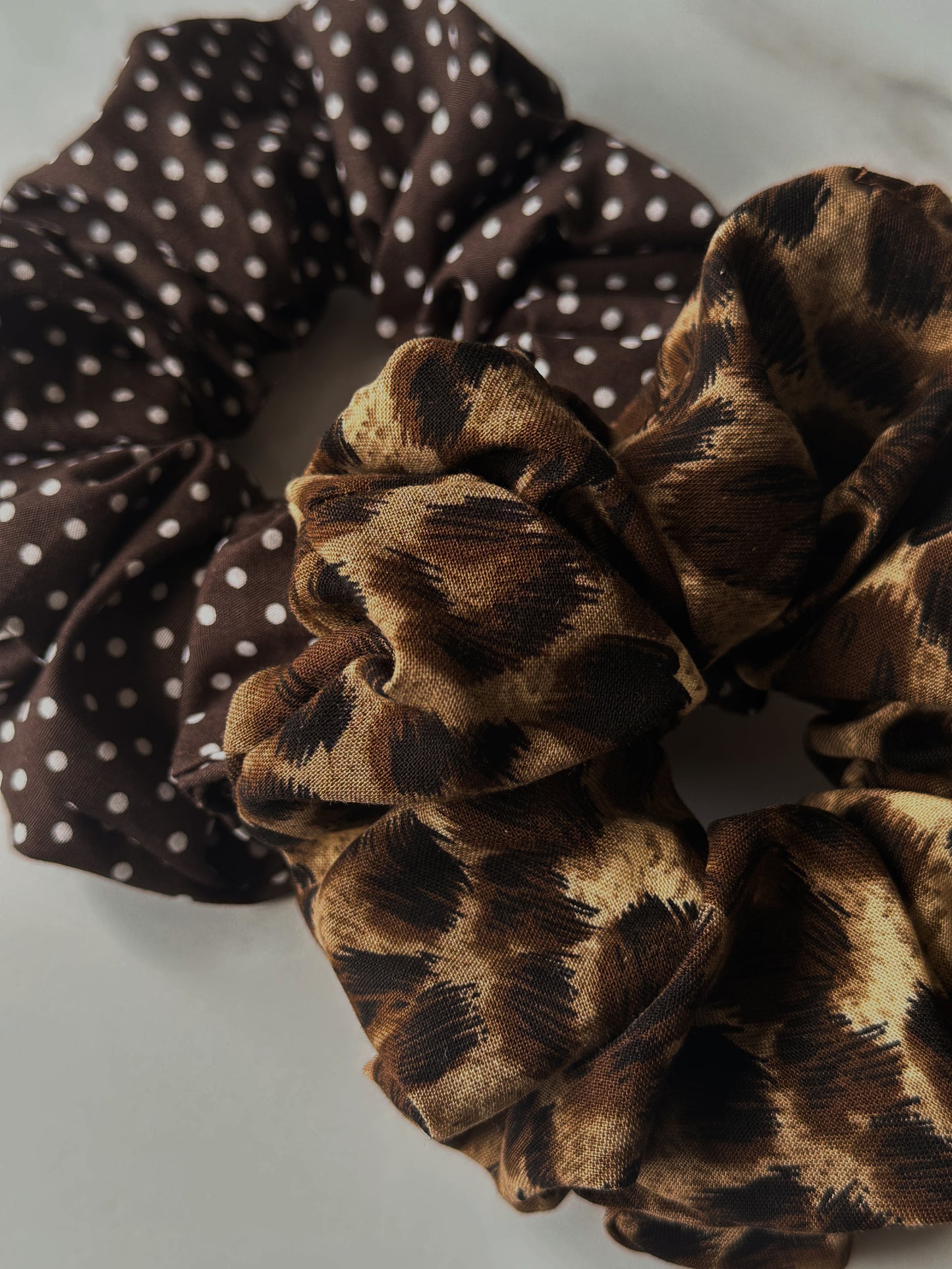 Brown Polkadot & Leopard Print Scrunchie Duo