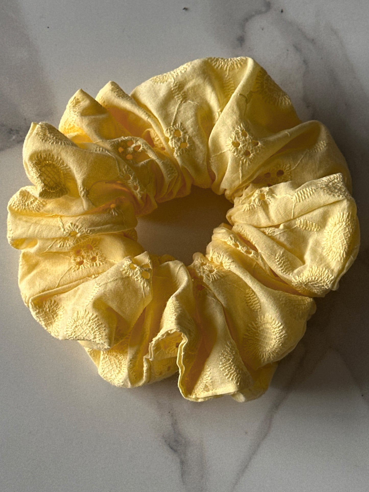 Lemon Broderie Scrunchie – Handmade Embroidered Cotton Hair Tie