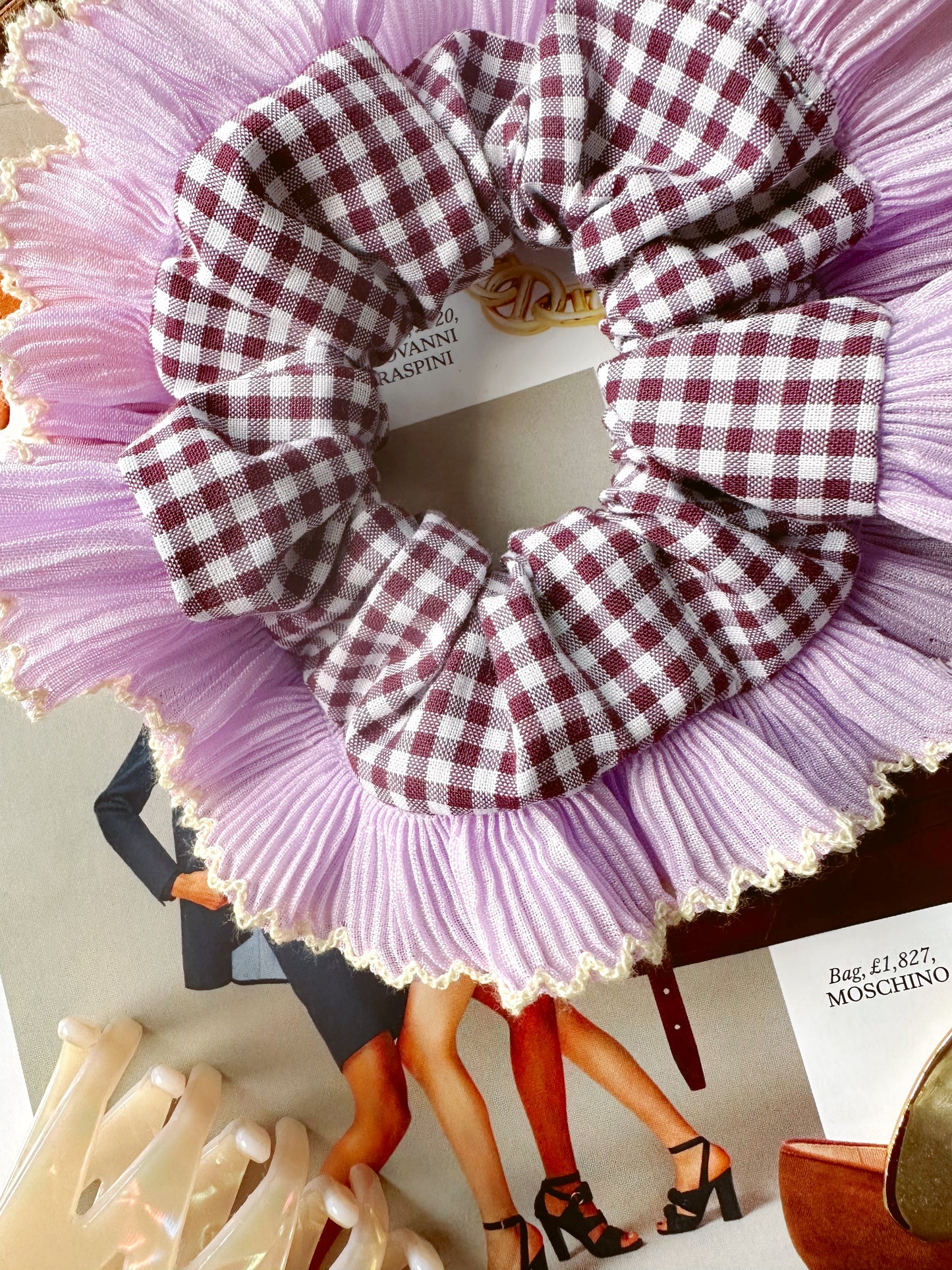 Mini Mulberry Gingham Scrunchie with Purple Frill Trim