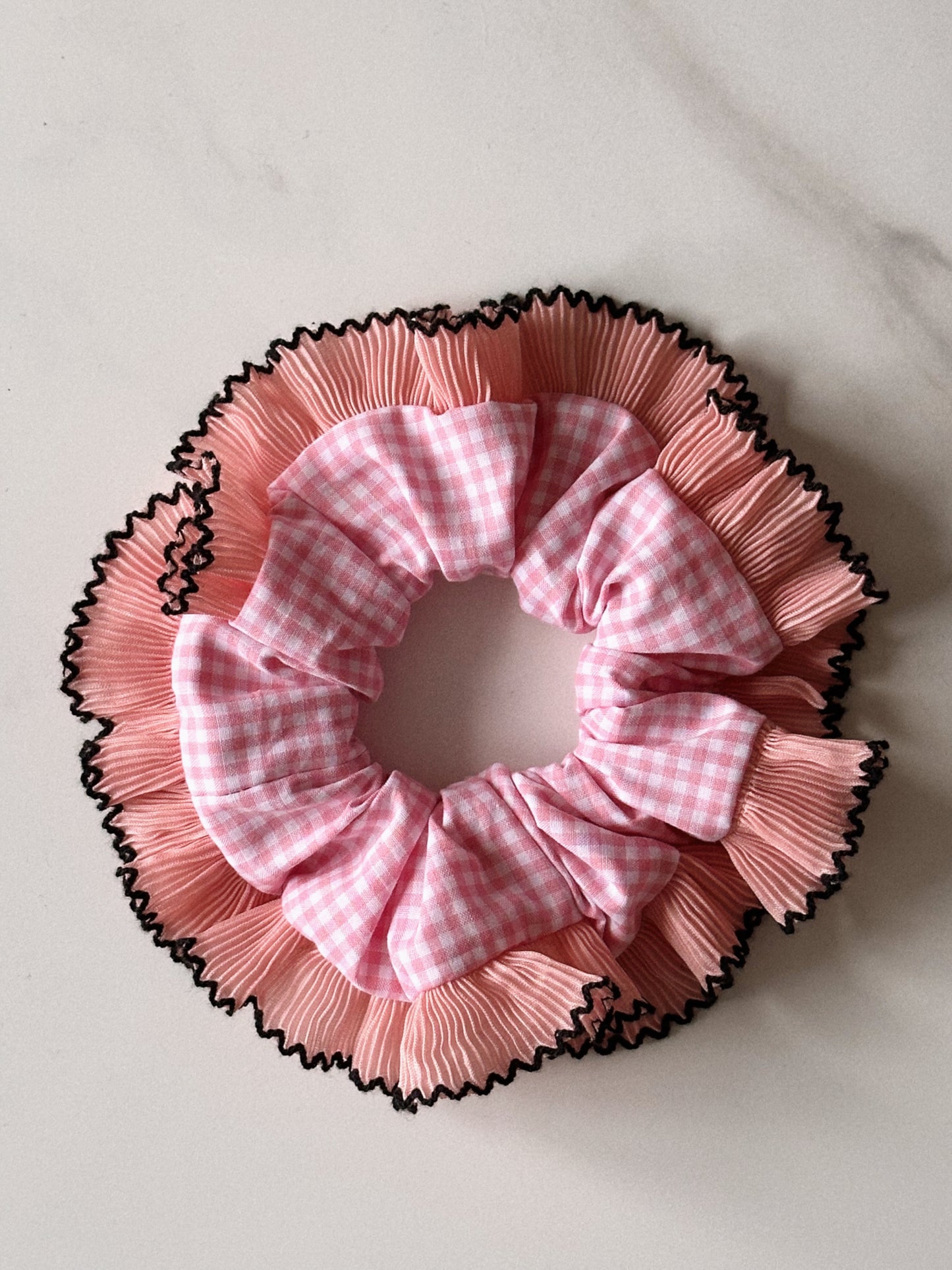 XL Pink Gingham Scrunchie with Pink Frill Trim
