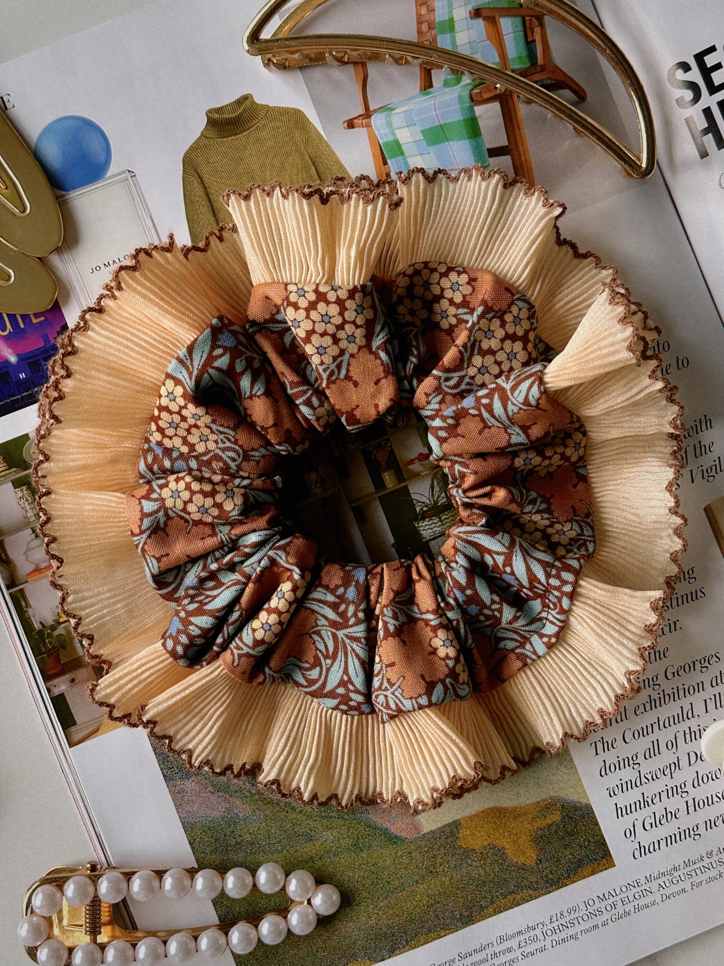XL Brown Floral Scrunchie with Cream and Brown Frill Trim