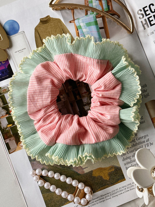 Pink Striped Scrunchie with Green and Cream Frill Trim