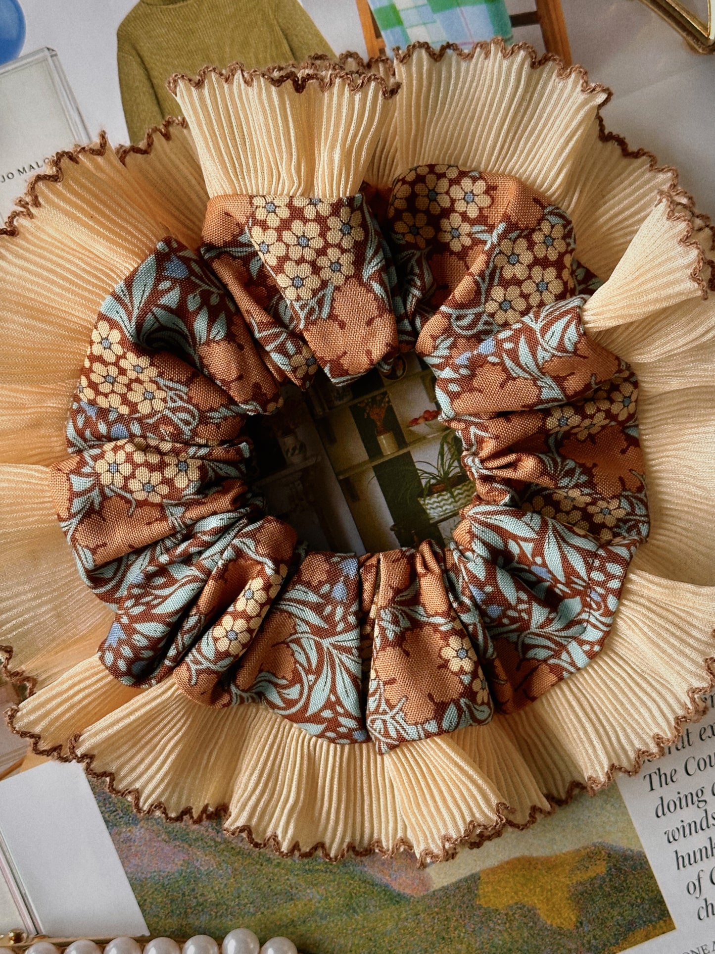 XL Brown Floral Scrunchie with Cream and Brown Frill Trim