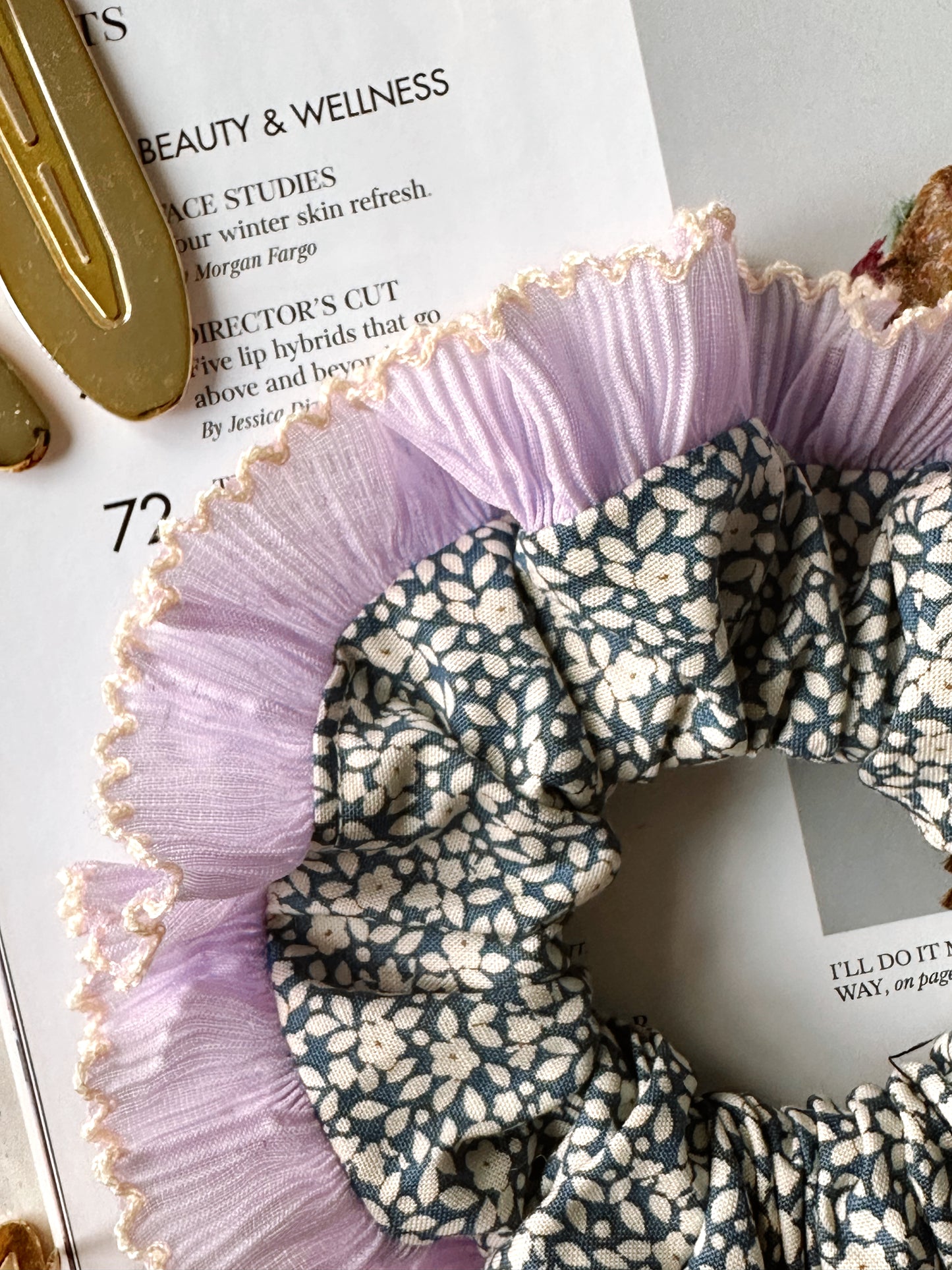 XL Blue Floral Scrunchie with Purple and White Frill Trim