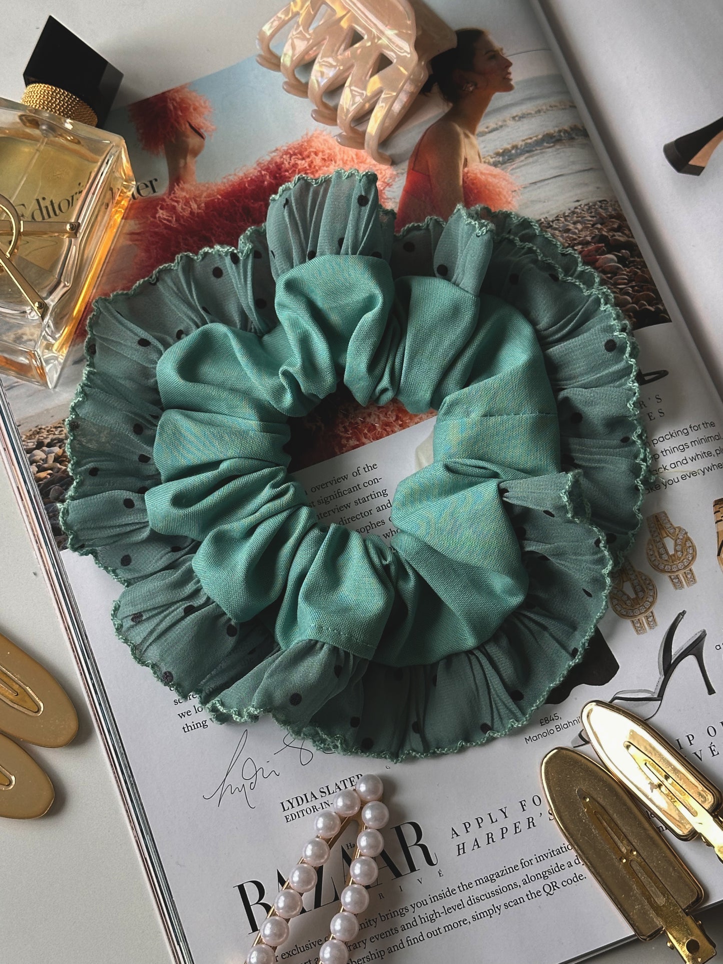 Oversized Teal Scrunchie with Teal Polkadot Trim