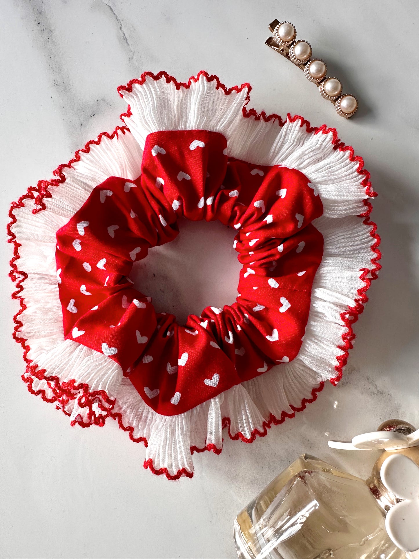XL Valentines Scrunchie with White and Red Frill Trim