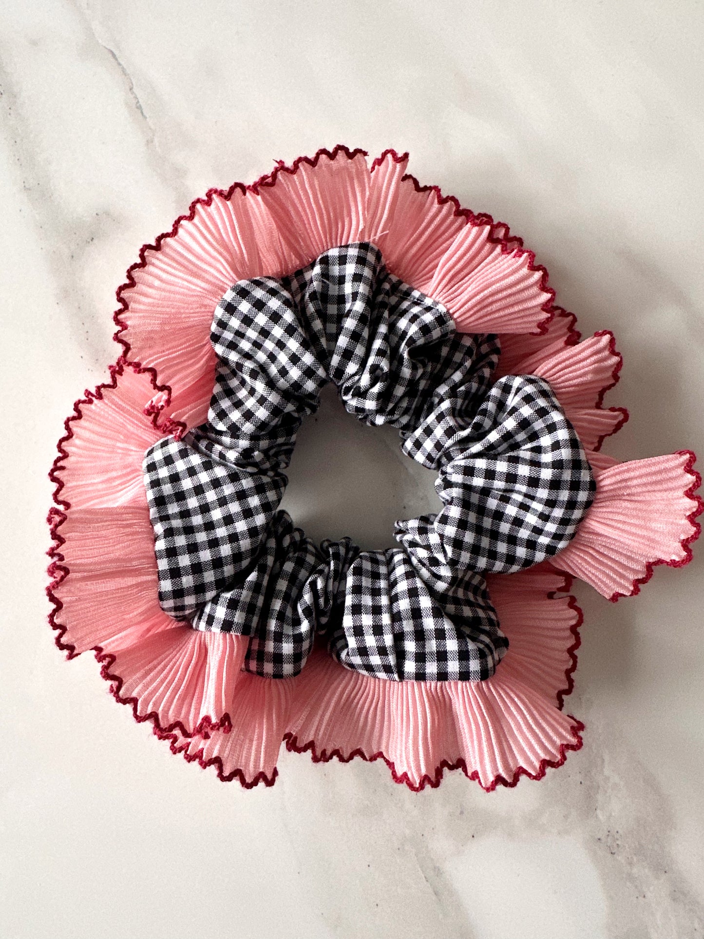 Handmade XL Black Gingham Scrunchie with Pink and Red Frill Trim