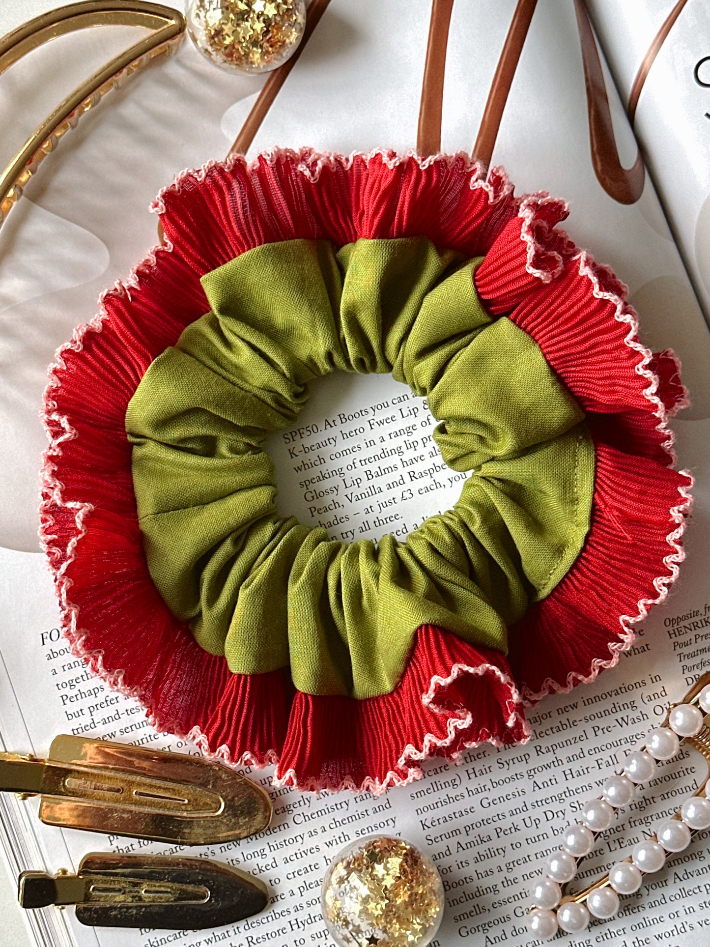 Handmade XL Olive Green Scrunchie with Red Frill Trim