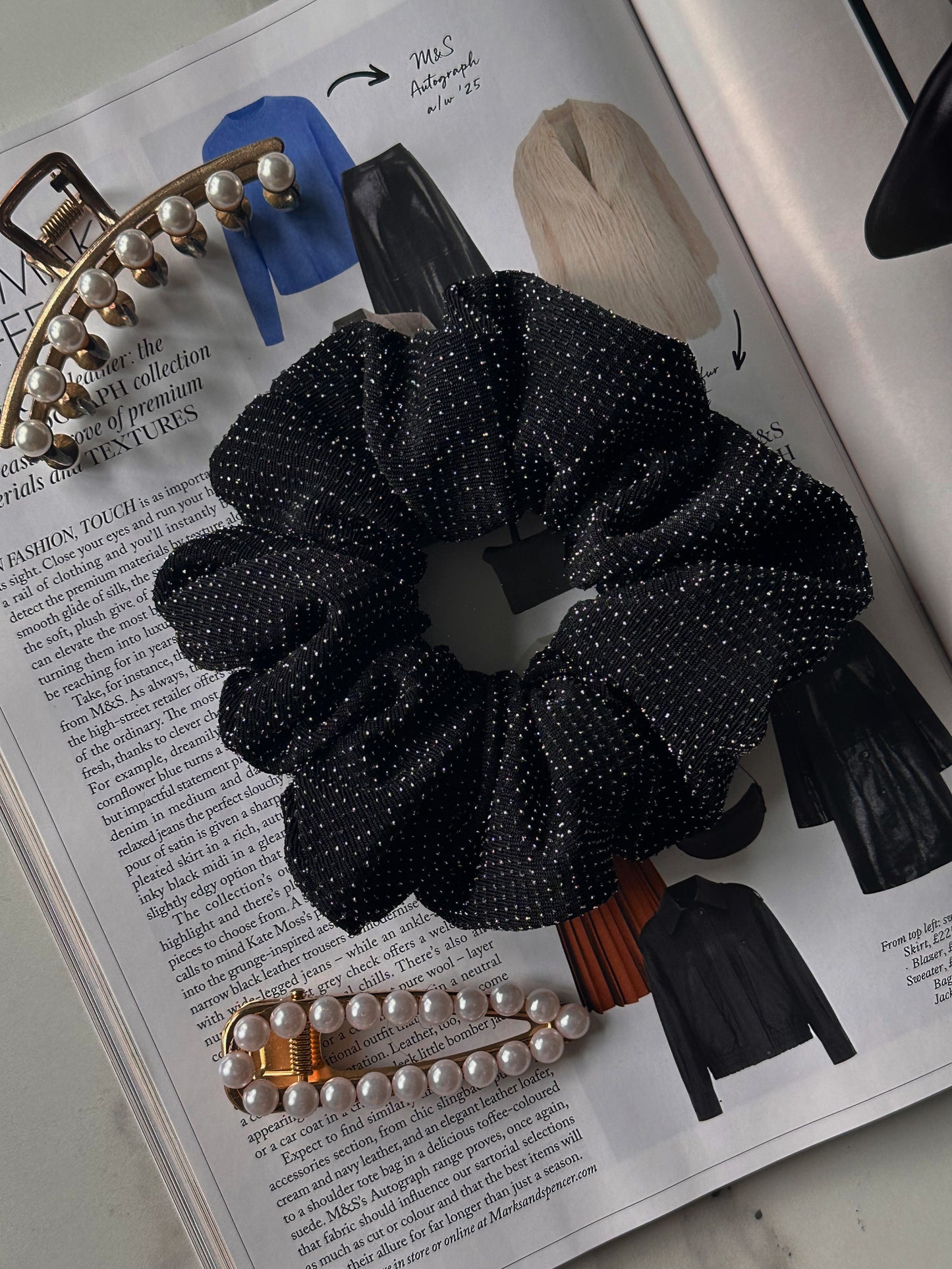 Oversized Black and Silver Scrunchie