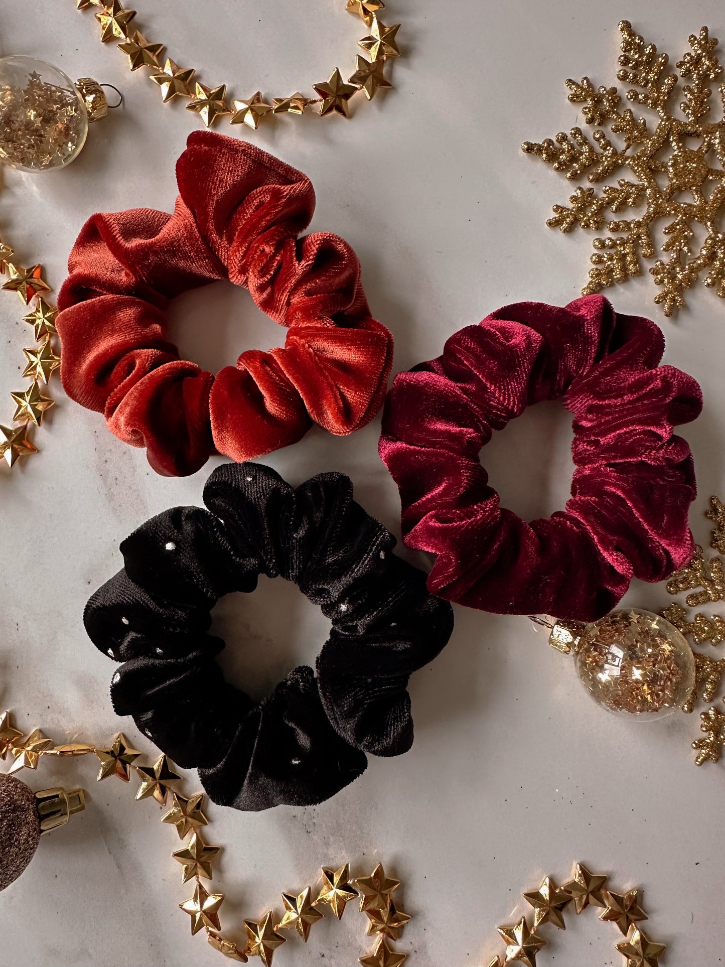 Set of 3 Velvet Scrunchies - Rust Orange, Burgundy and Black
