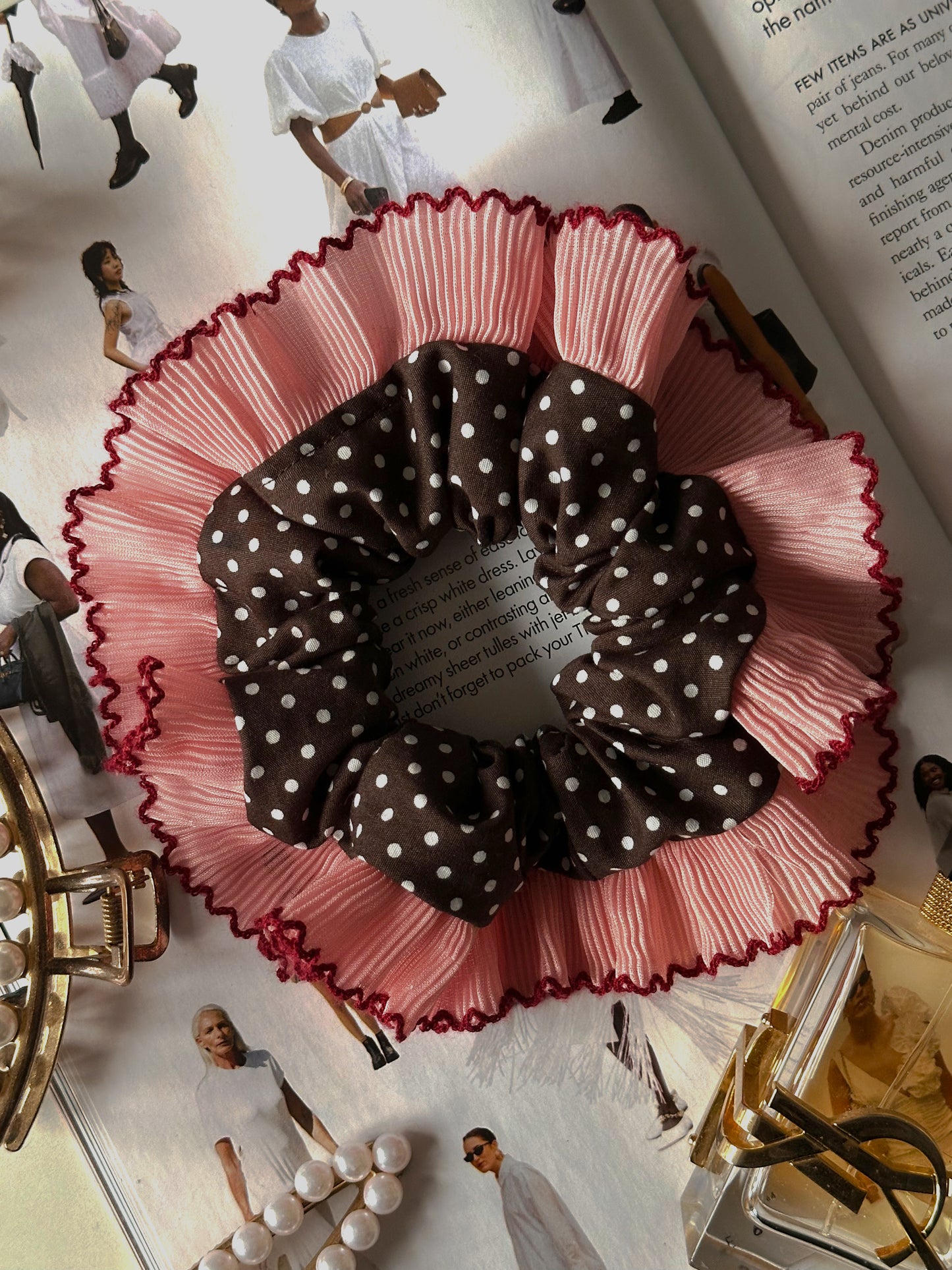 Oversized Dark Brown Polkadot Scrunchie with Pink Frill Trim