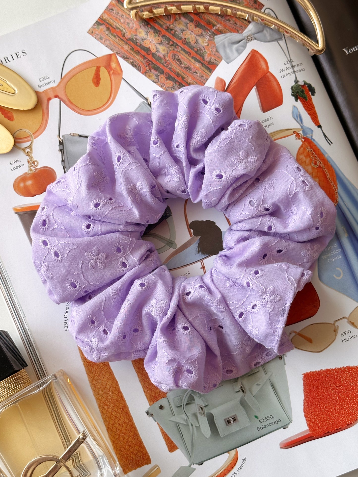 Lilac Broderie Anglaise Embroidered Scrunchie
