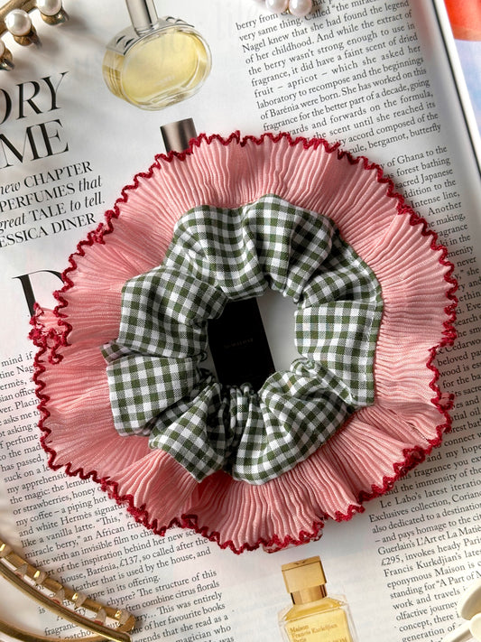 Smaller Oversized Dark Green Gingham Scrunchie with Pink Frill Trim